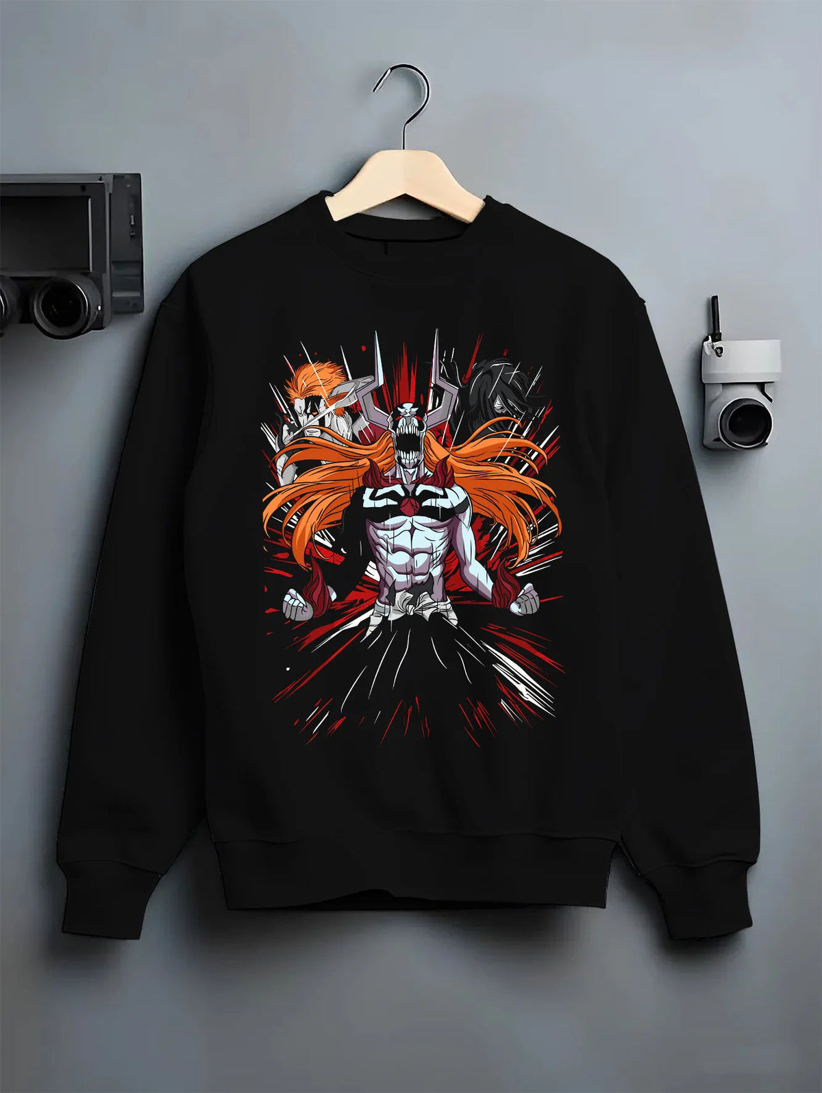 Black crewneck sweatshirt on hanger showing Ichigo Kurosaki from Bleach: Hollow/Bankai armoured form