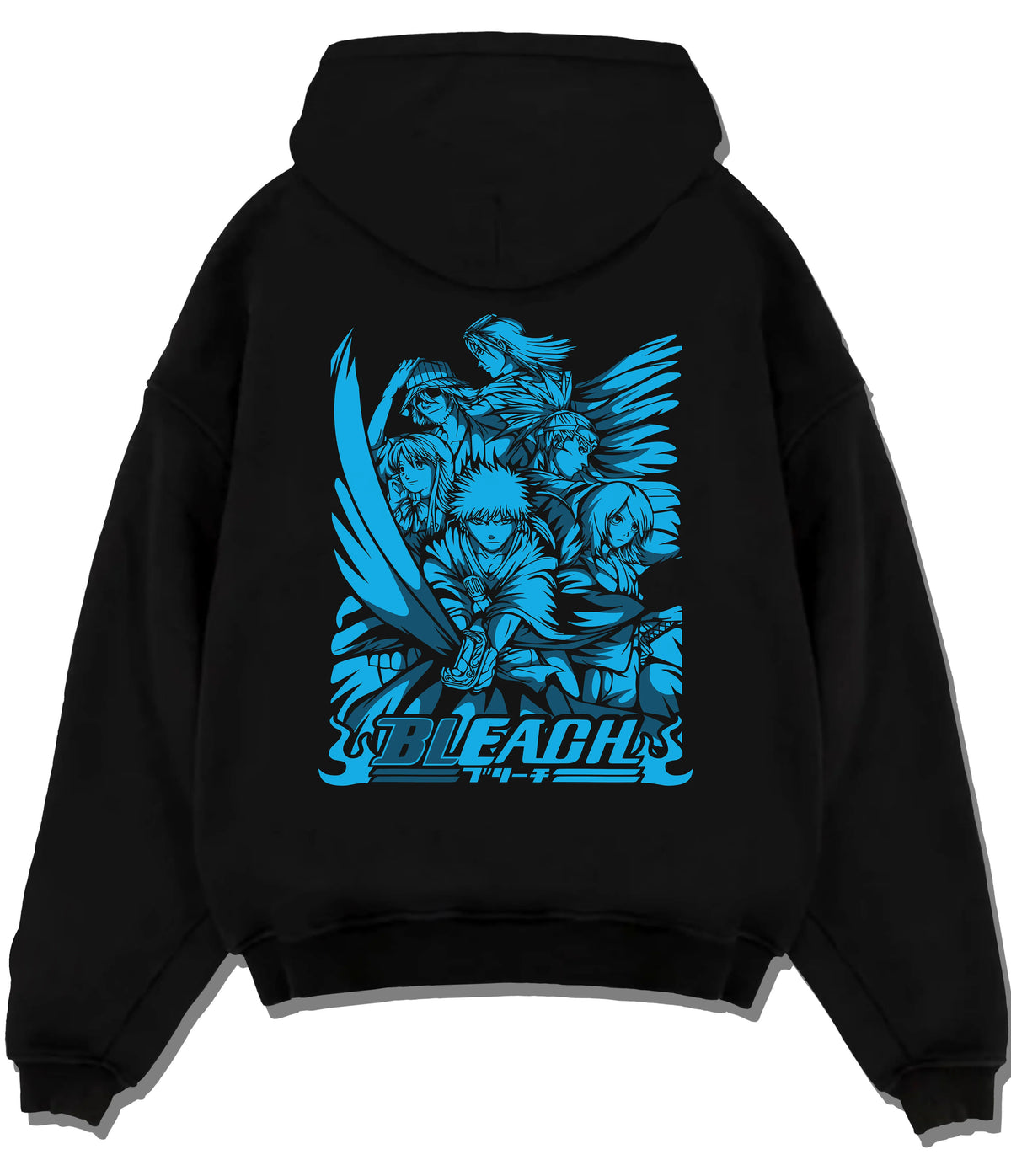 Black hoodie flat back view with Ichigo/Rukia-themed Bleach manga collage illustrated back graphic