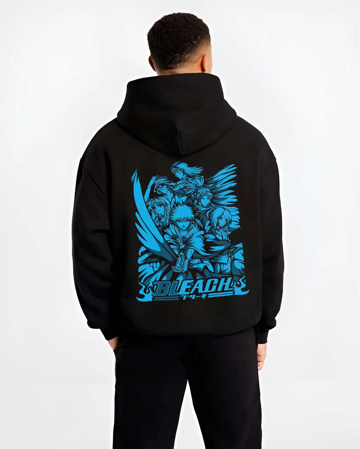 Black hoodie model back view with Ichigo/Rukia-themed Bleach manga collage illustrated back graphic