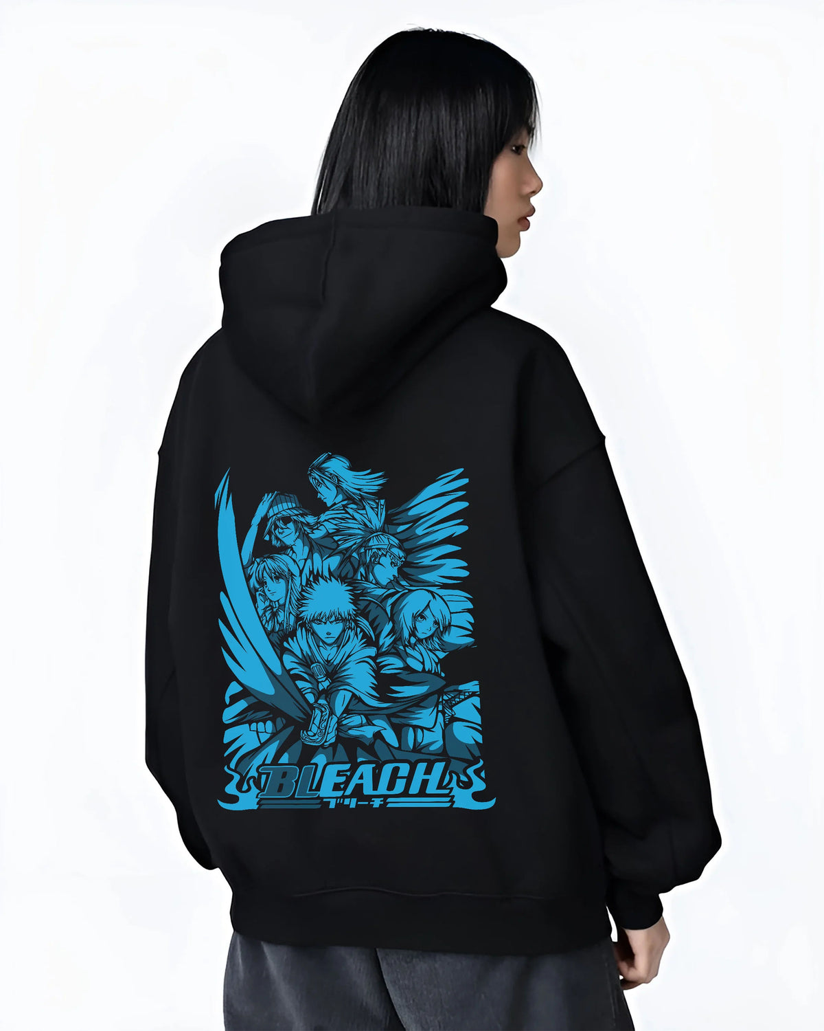 Black hoodie female model back view with Ichigo/Rukia-themed Bleach manga collage illustrated back graphic
