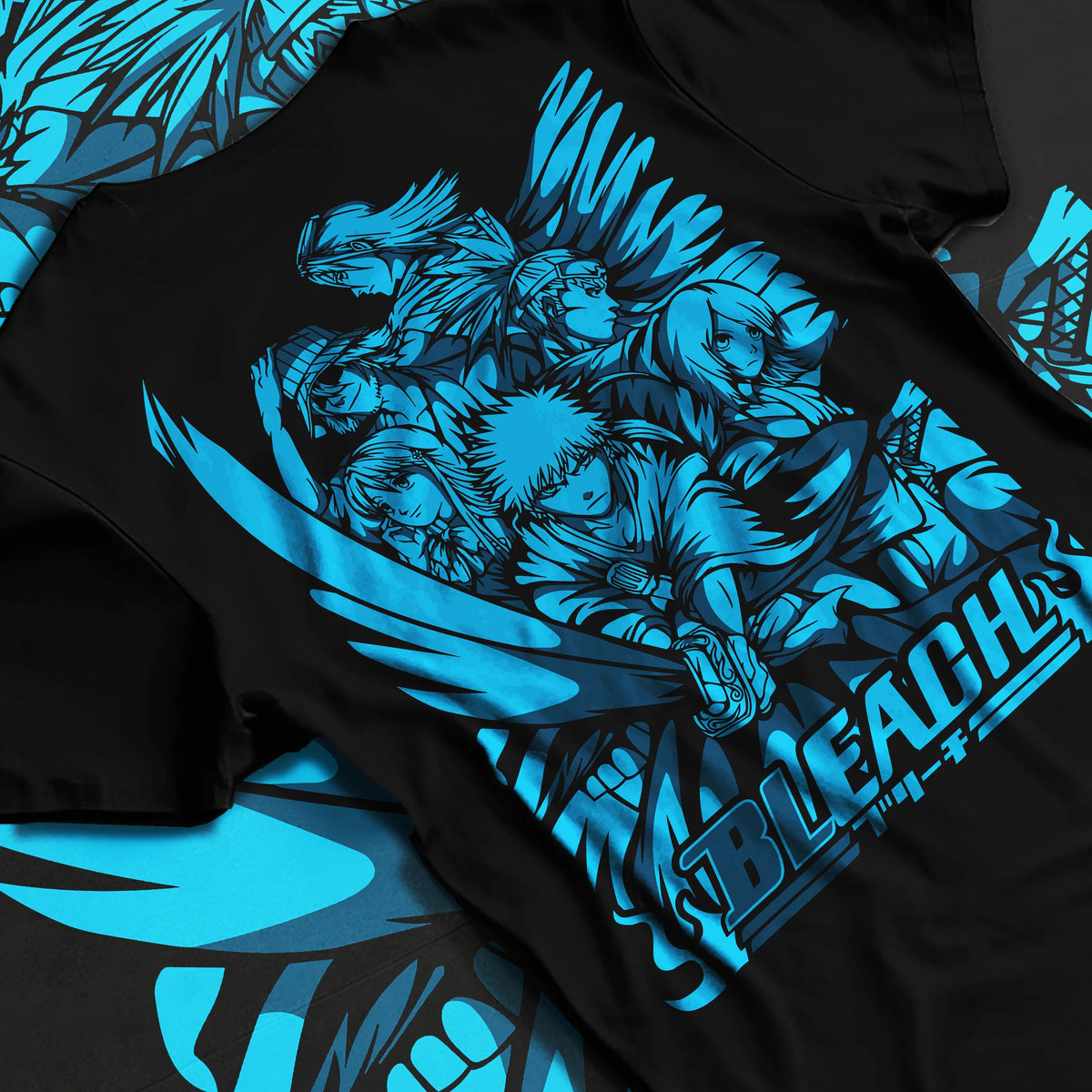 Black T-shirt flat back view with Ichigo/Rukia-themed Bleach manga collage illustrated back graphic