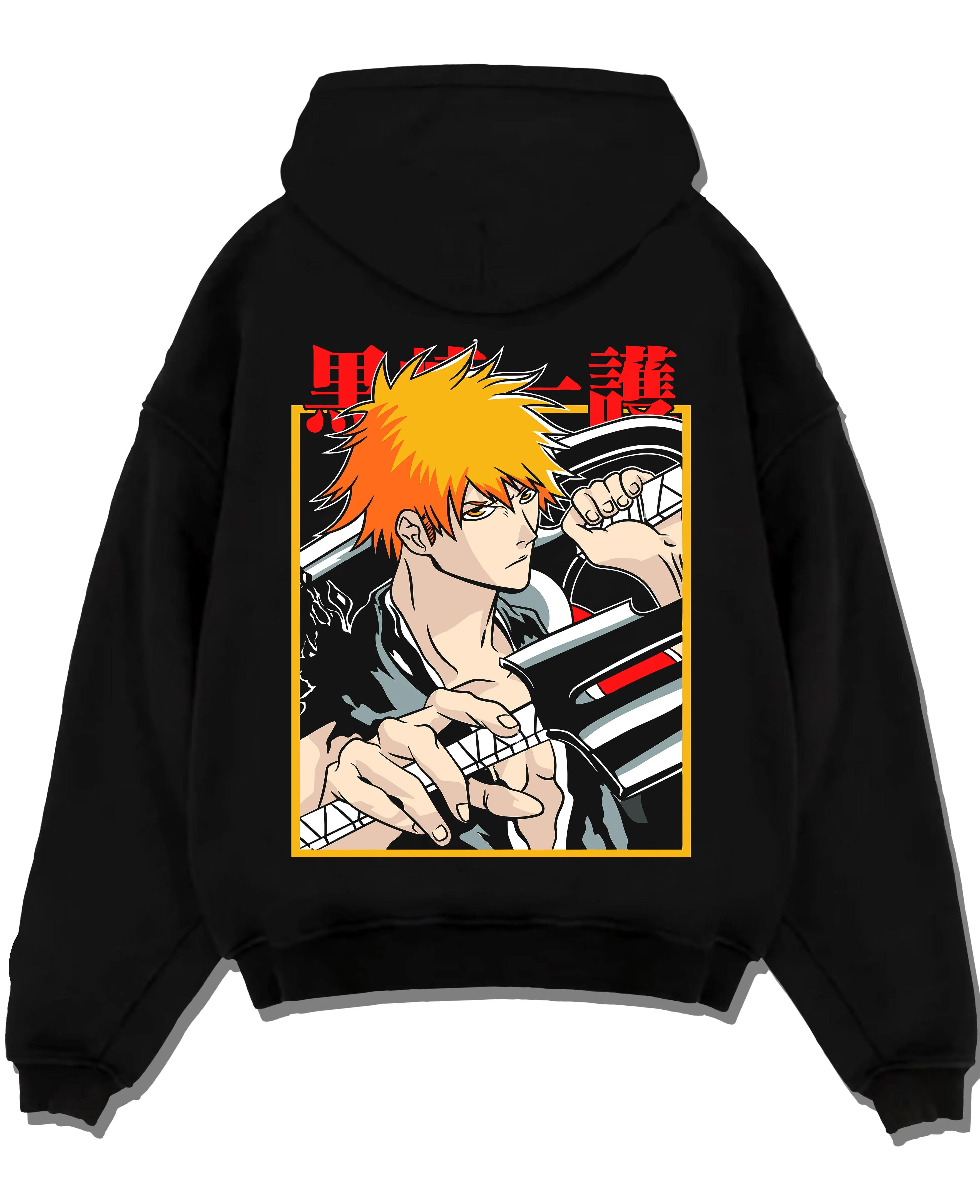 Black pullover hoodie laid flat with Bleach Hoodie Ichigo Kurosaki Soul Reaper Jumper graphic premium wear.
