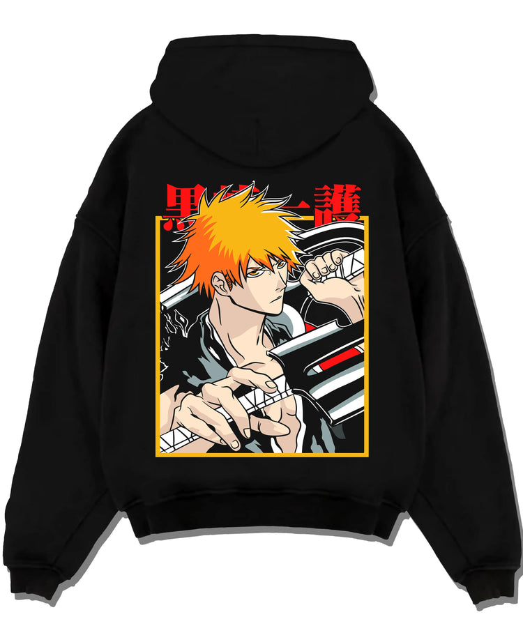 Black pullover hoodie laid flat with Bleach Hoodie Ichigo Kurosaki Soul Reaper Jumper graphic premium wear.