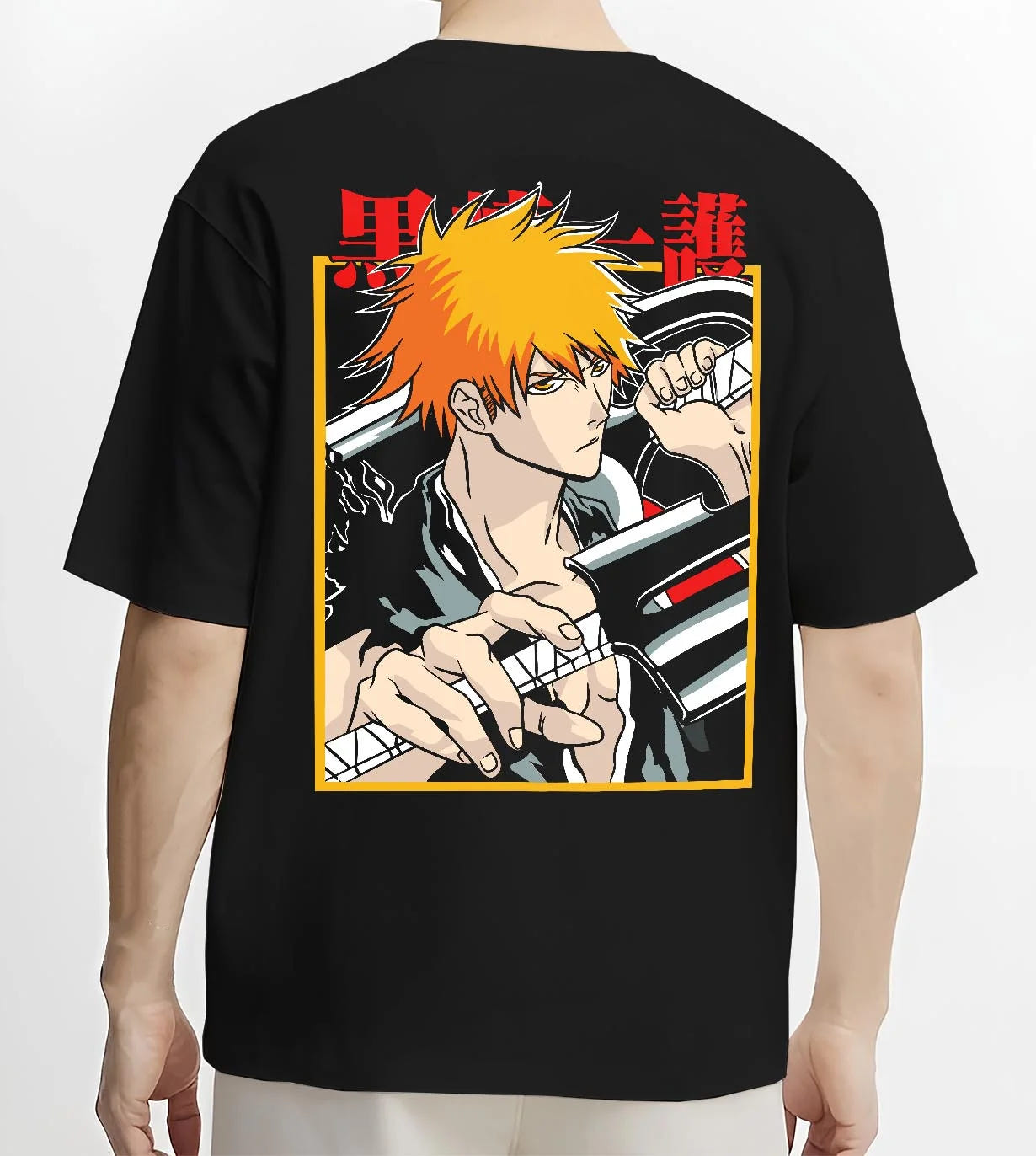 Black T-shirt worn by male model, back view with Bleach Hoodie Ichigo Kurosaki Soul Reaper Jumper graphic bold anime graphic.