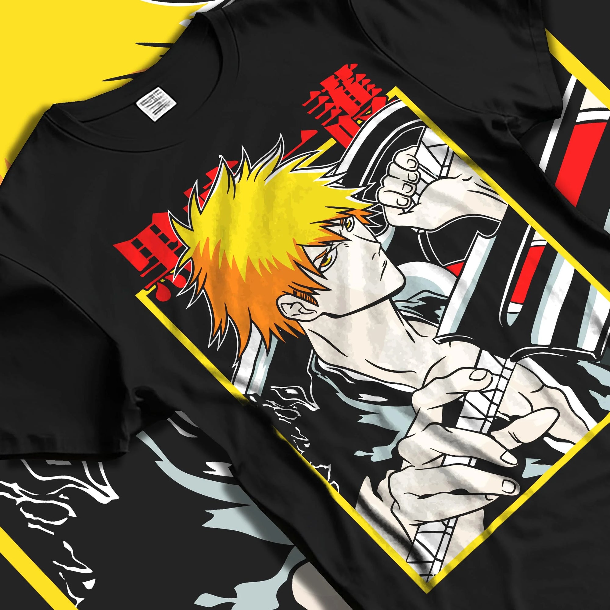 Black T-shirt laid flat with natural folds with Bleach Hoodie Ichigo Kurosaki Soul Reaper Jumper graphic premium wear.