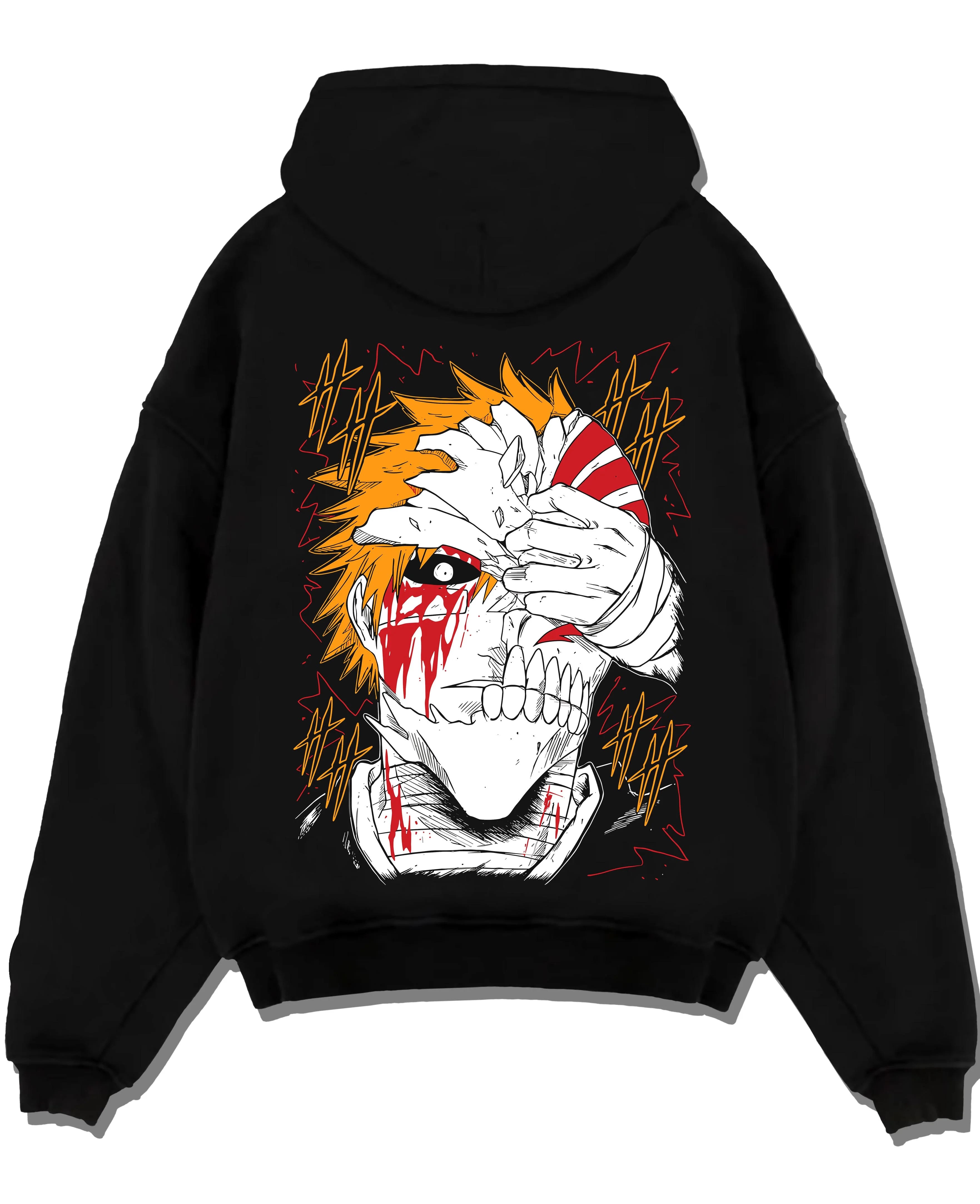 Black pullover hoodie laid flat with Bleach Hoodie Ichigo Kurosaki Hollow Mask Jumper graphic premium wear.