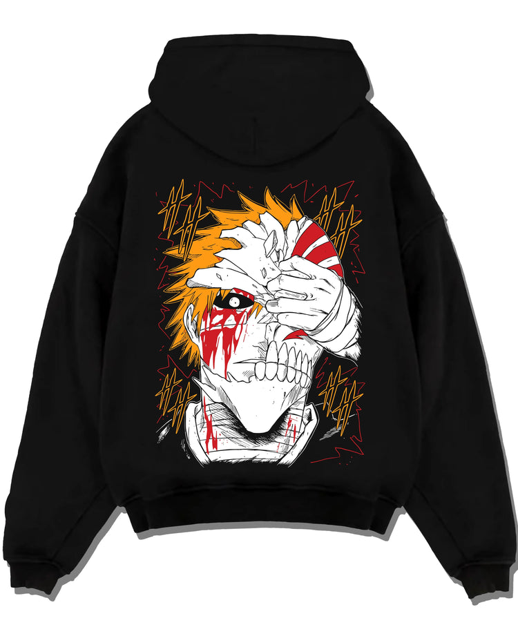 Black pullover hoodie laid flat with Bleach Hoodie Ichigo Kurosaki Hollow Mask Jumper graphic premium wear.