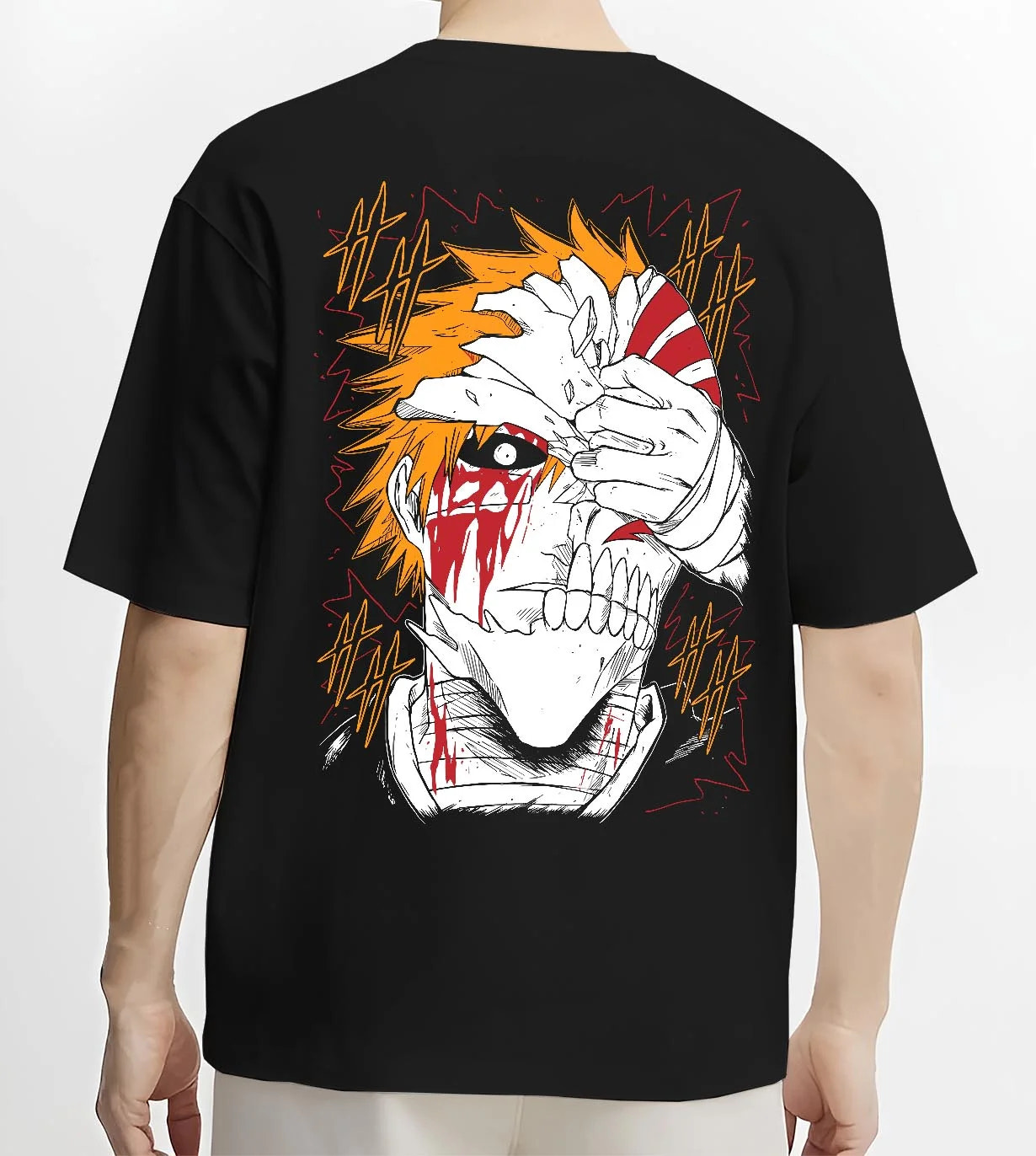 Black T-shirt worn by male model, back view with Bleach Hoodie Ichigo Kurosaki Hollow Mask Jumper graphic premium wear.
