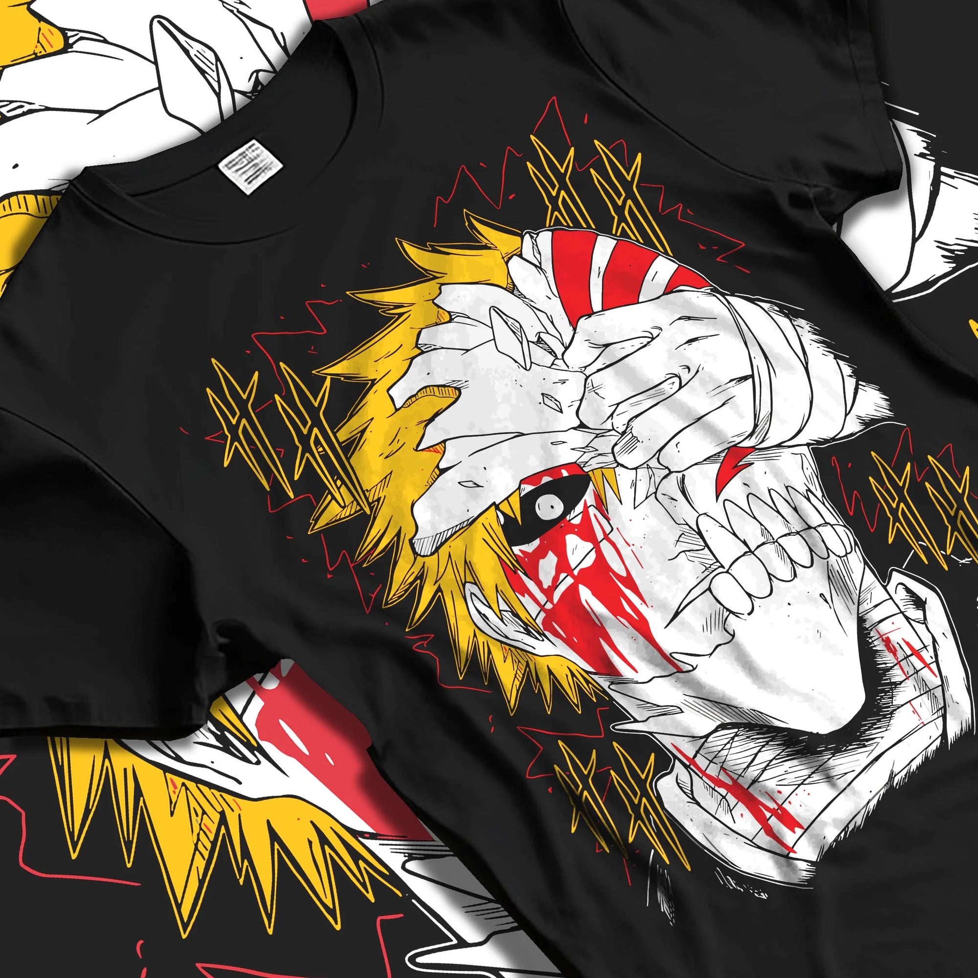 Black T-shirt laid flat with natural folds with Bleach Hoodie Ichigo Kurosaki Hollow Mask Jumper graphic streetwear graphic.
