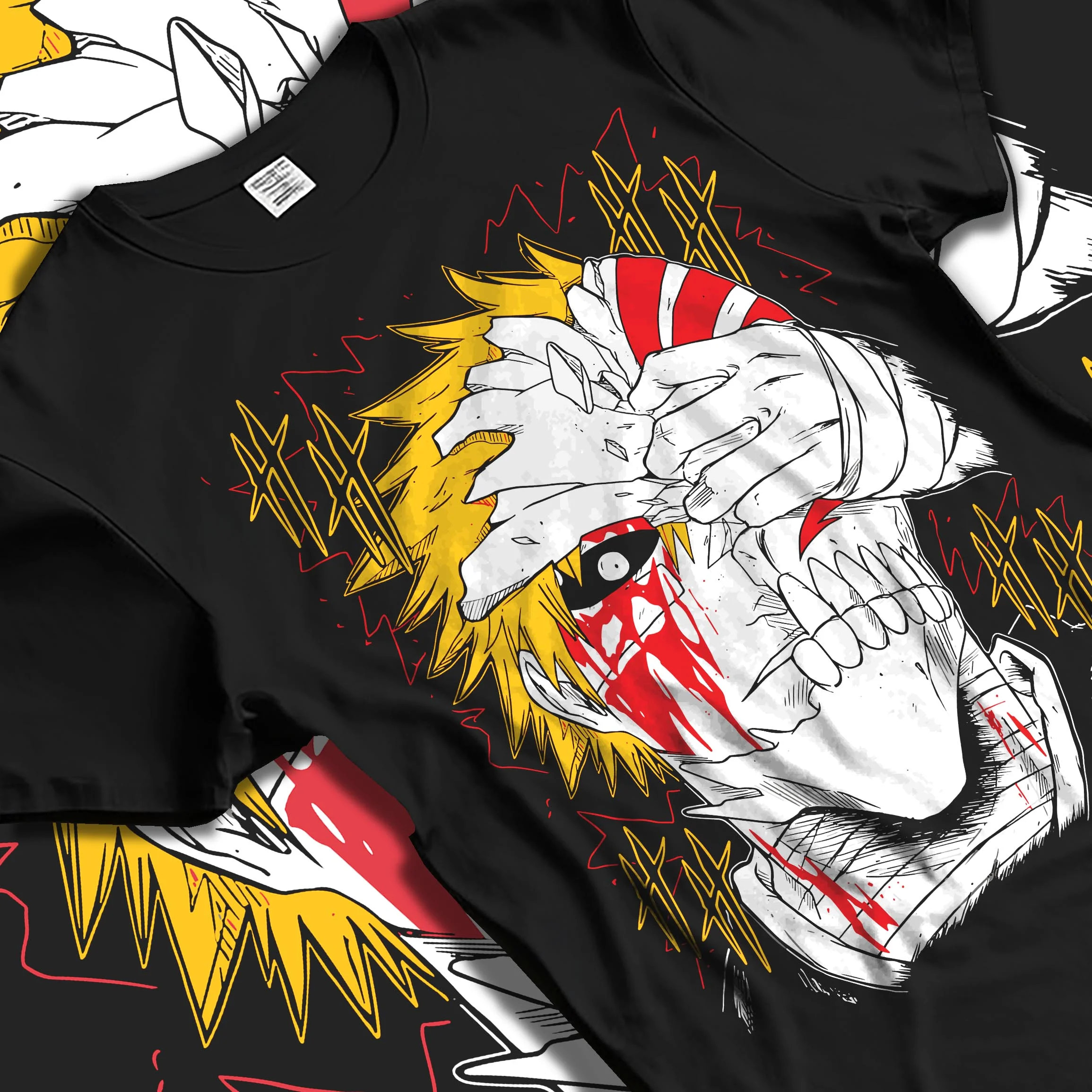 Black T-shirt laid flat with natural folds with Bleach Hoodie Ichigo Kurosaki Hollow Mask Jumper graphic streetwear graphic.