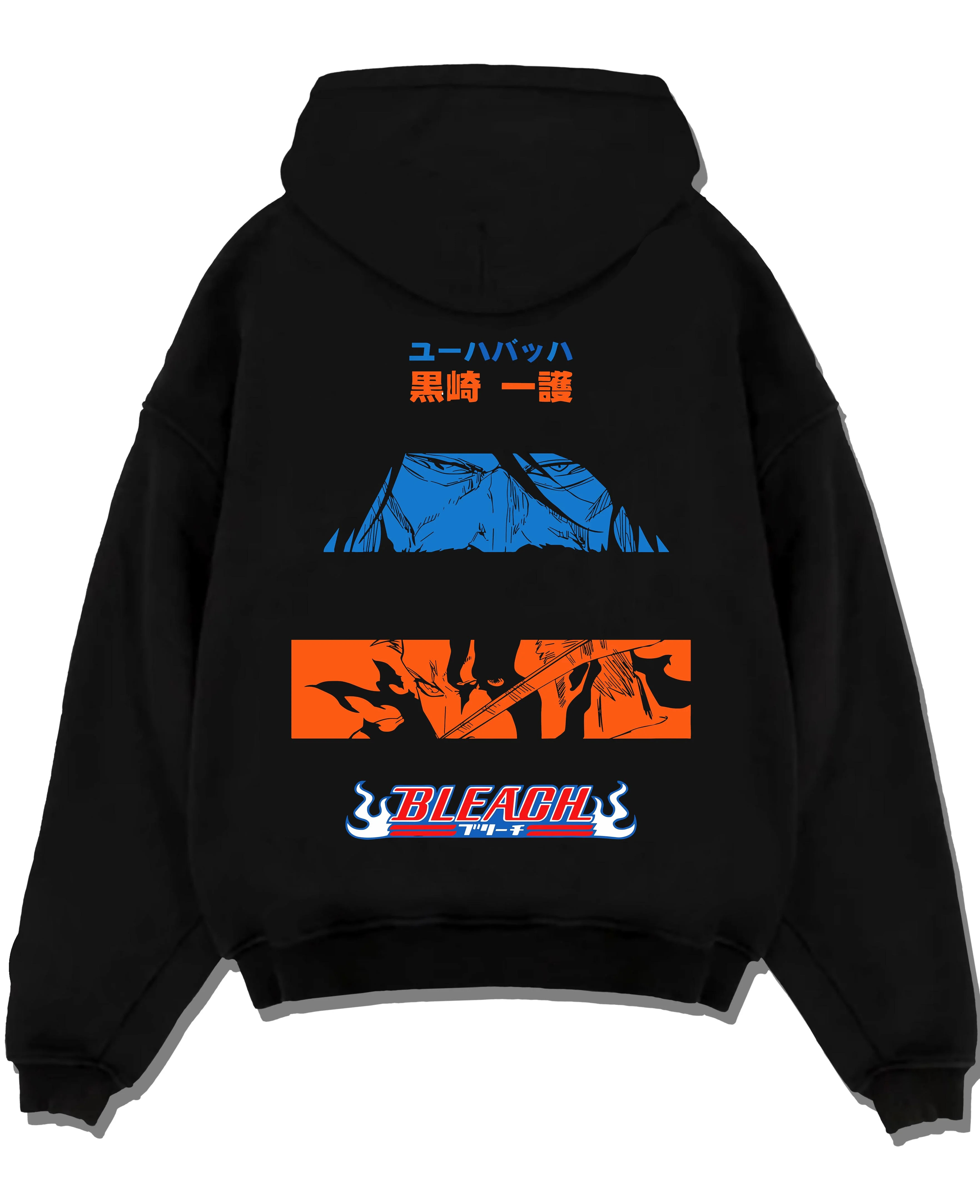 Black pullover hoodie laid flat with Ichigo Hoodie Bleach Shinigami Vizard Hollow Form graphic bold anime graphic.