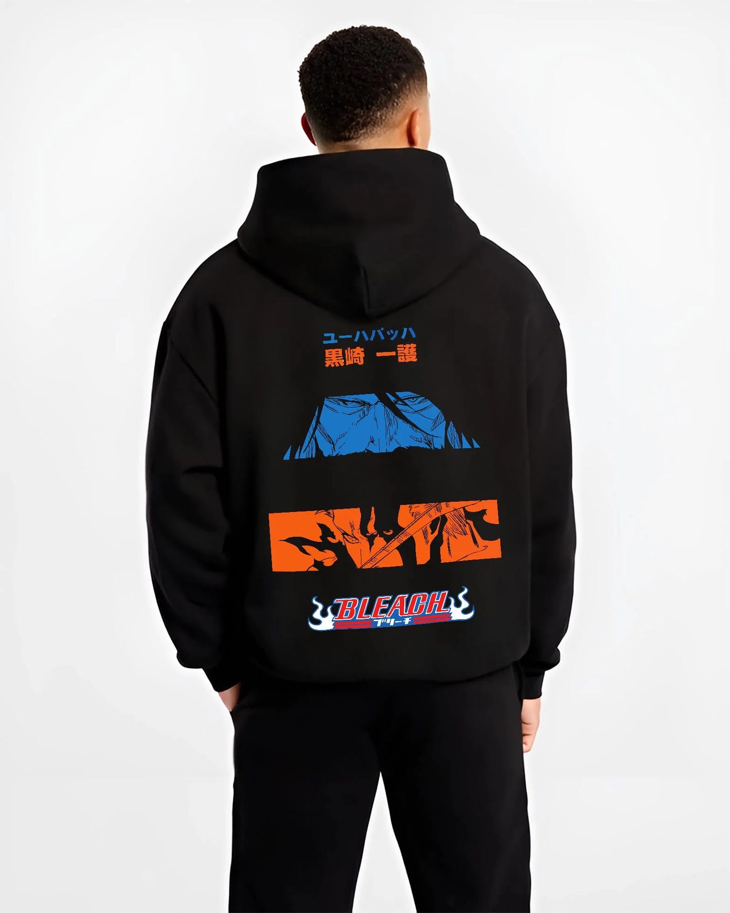 Black hoodie worn by male model, back view with Ichigo Hoodie Bleach Shinigami Vizard Hollow Form graphic streetwear graphic.