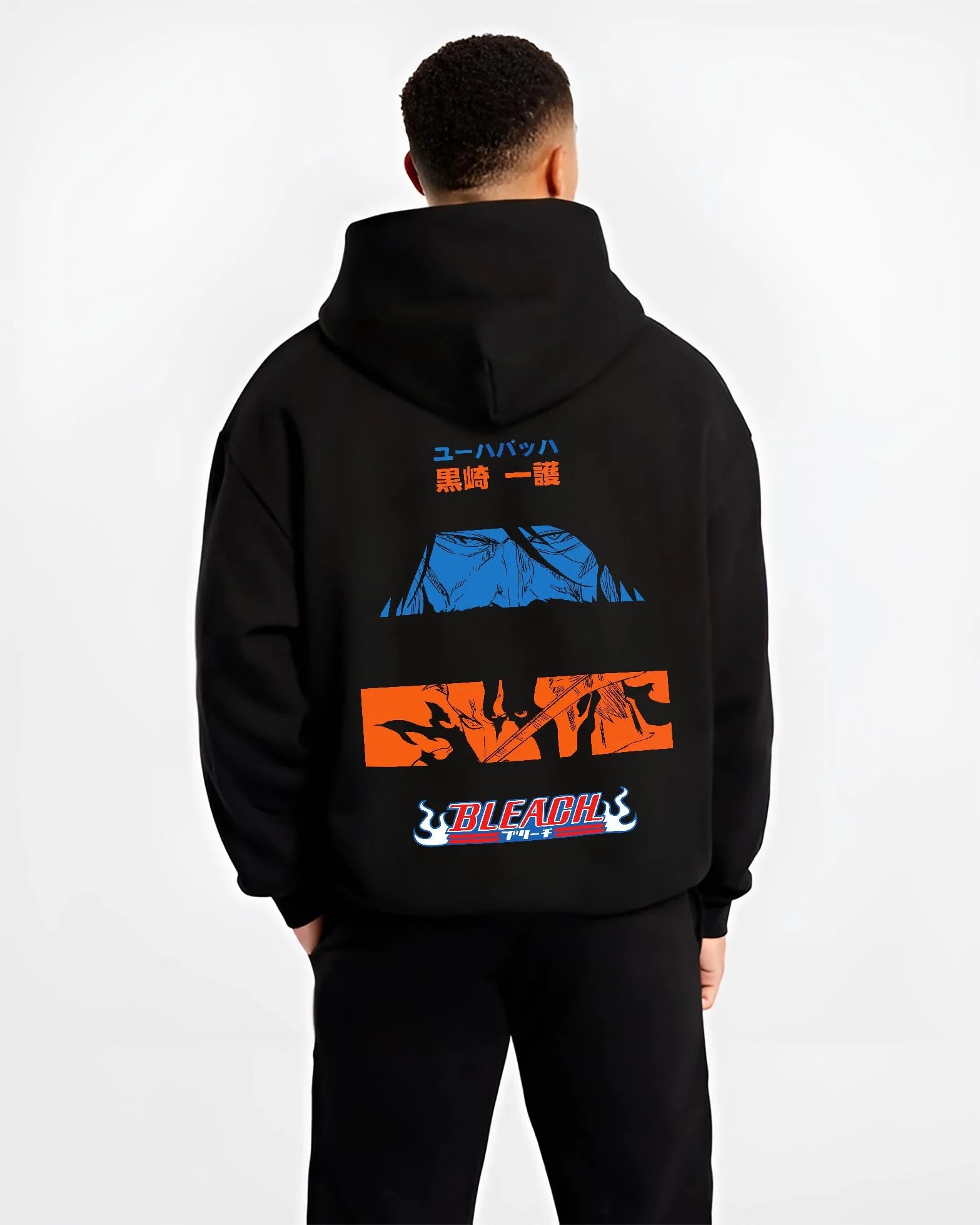 Black hoodie worn by male model, back view with Ichigo Hoodie Bleach Shinigami Vizard Hollow Form graphic streetwear graphic.