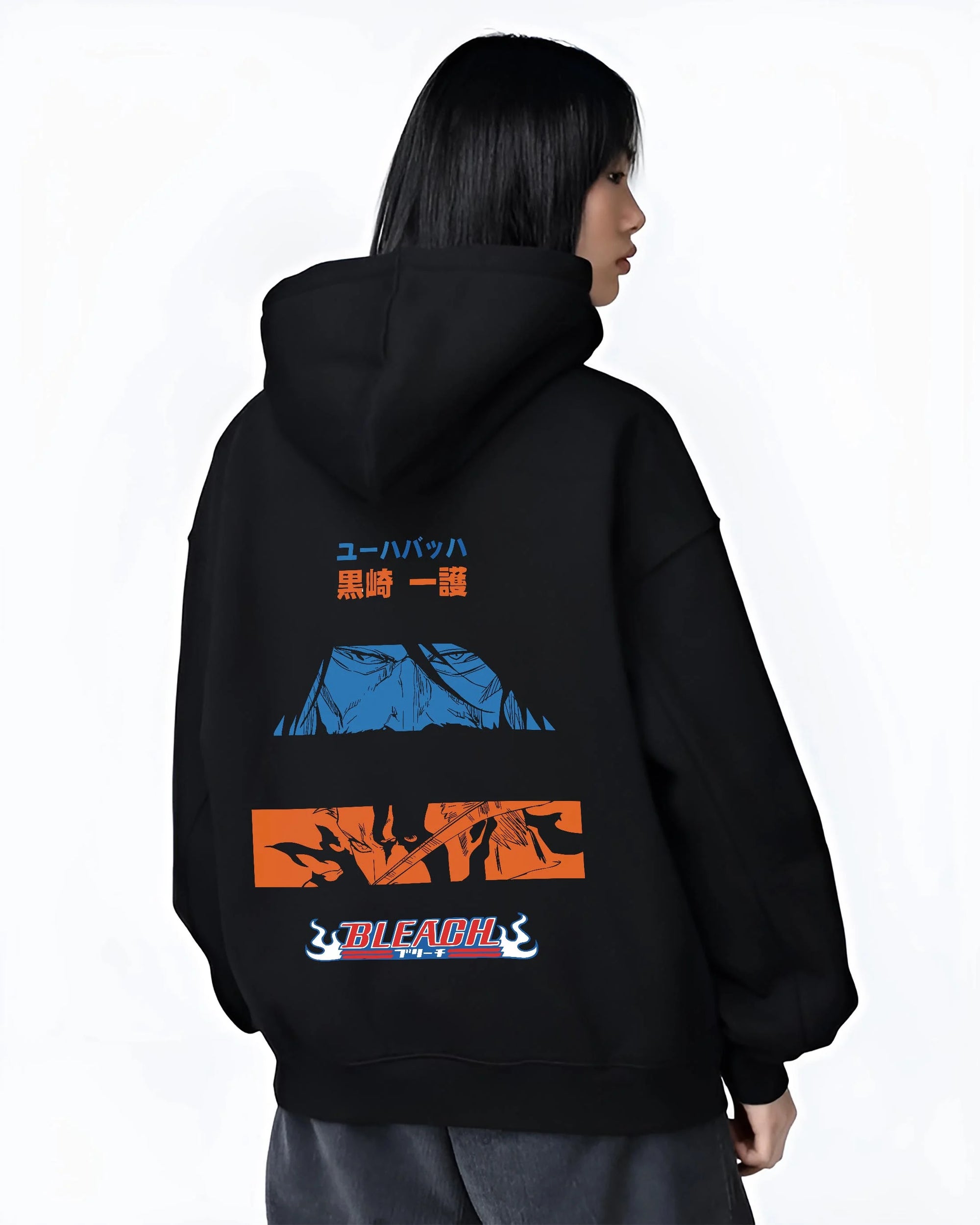 Black hoodie worn by female model, back view with Ichigo Hoodie Bleach Shinigami Vizard Hollow Form graphic streetwear graphic.