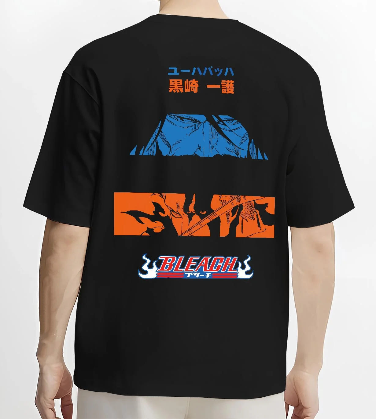 Black T-shirt worn by male model, back view with Ichigo Hoodie Bleach Shinigami Vizard Hollow Form graphic streetwear graphic.