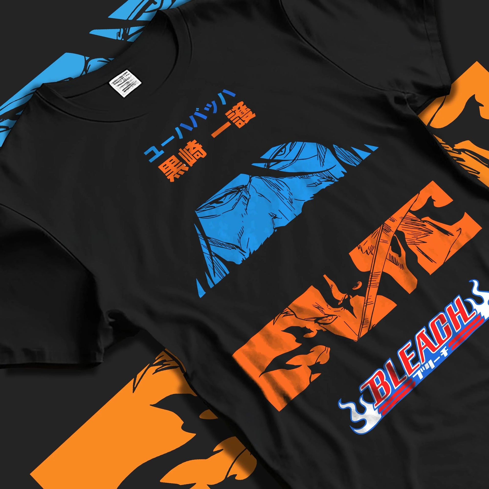 Black T-shirt laid flat with natural folds with Ichigo Hoodie Bleach Shinigami Vizard Hollow Form graphic streetwear graphic.