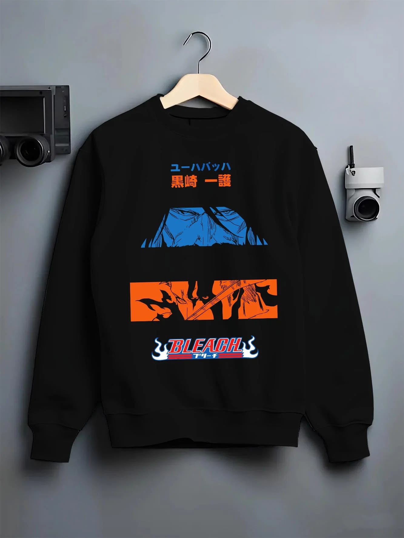 Black crewneck sweatshirt on hanger with Ichigo Hoodie Bleach Shinigami Vizard Hollow Form graphic streetwear graphic.