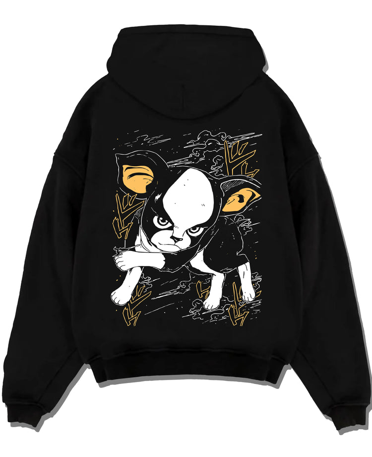 Black pullover hoodie laid flat with JoJo’s Bizarre Adventure Hoodie Iggy Dog Jumper graphic streetwear graphic.