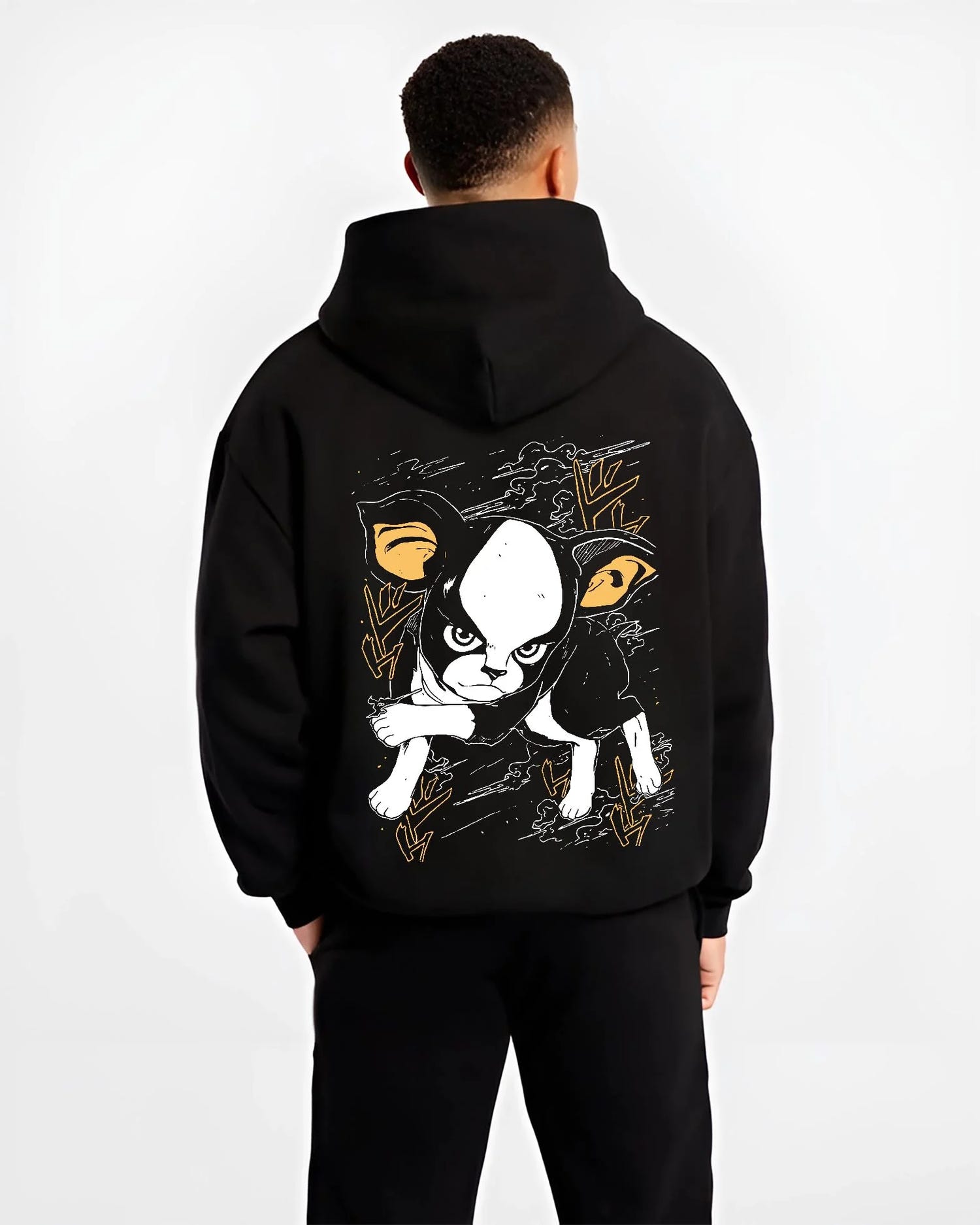 Black hoodie worn by male model, back view with JoJo’s Bizarre Adventure Hoodie Iggy Dog Jumper graphic Iggy themed artwork.