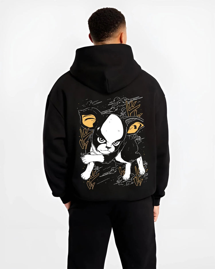 Black hoodie worn by male model, back view with JoJo’s Bizarre Adventure Hoodie Iggy Dog Jumper graphic Iggy themed artwork.
