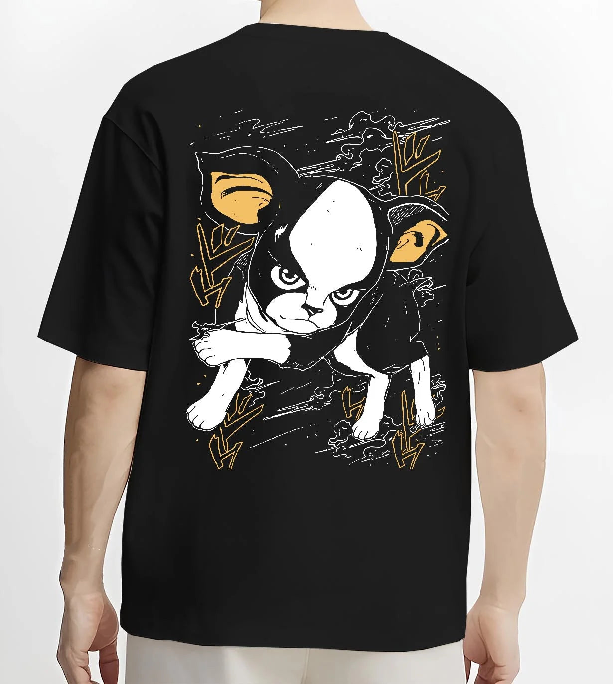Black T-shirt worn by male model, back view with JoJo’s Bizarre Adventure Hoodie Iggy Dog Jumper graphic premium wear.