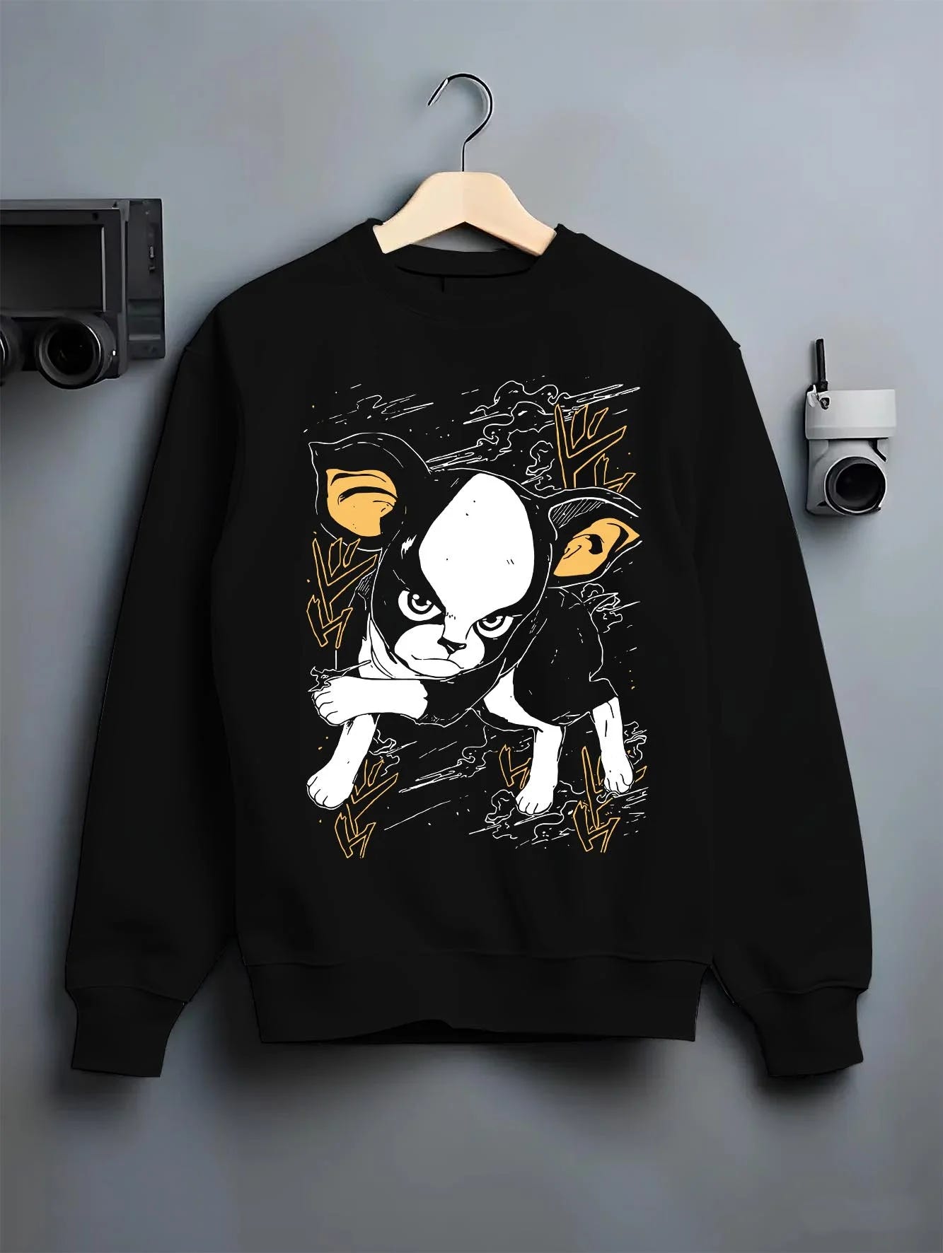 Black crewneck sweatshirt on hanger with JoJo’s Bizarre Adventure Hoodie Iggy Dog Jumper graphic streetwear graphic.