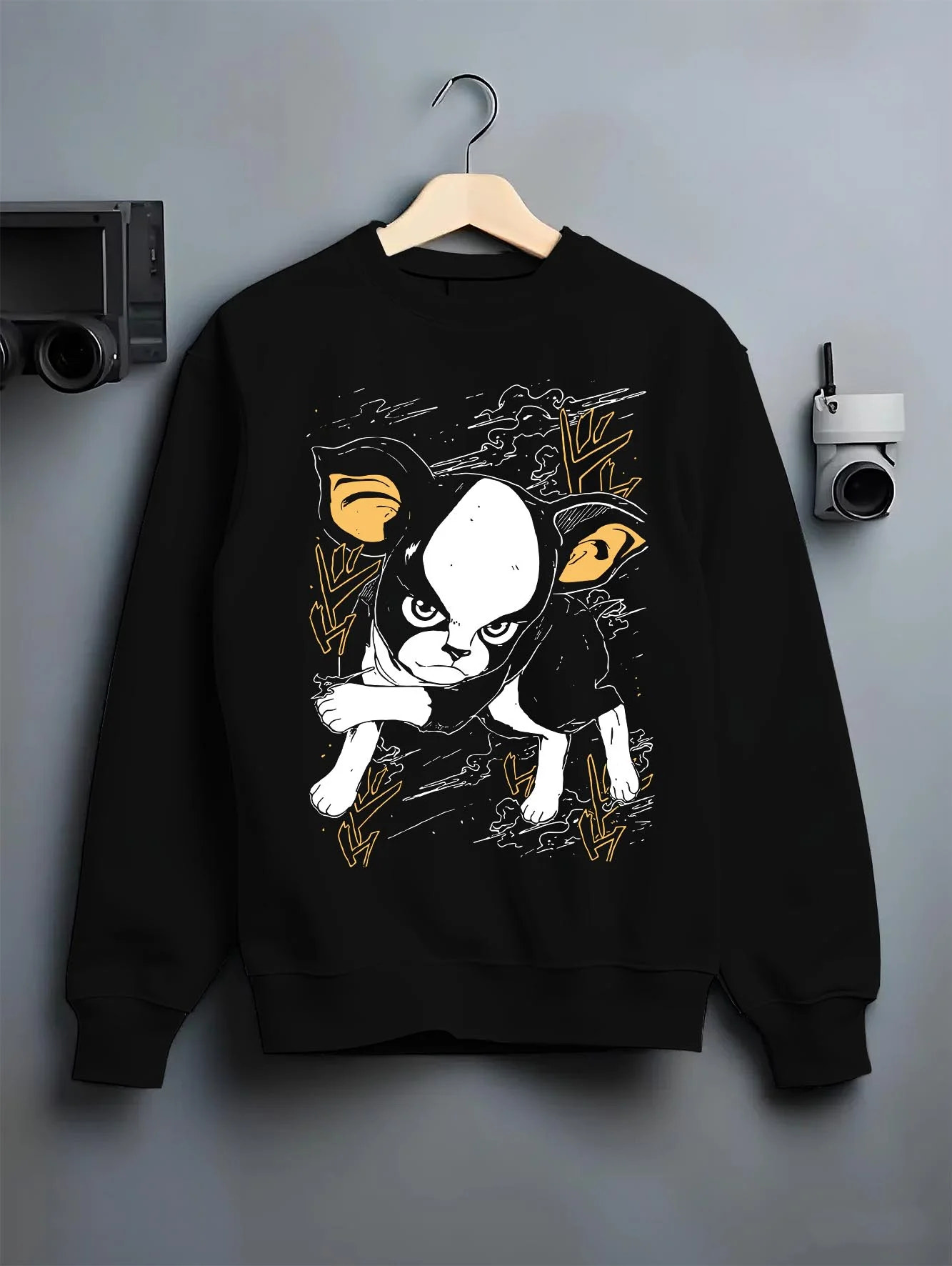 Black crewneck sweatshirt on hanger with JoJo’s Bizarre Adventure Hoodie Iggy Dog Jumper graphic streetwear graphic.