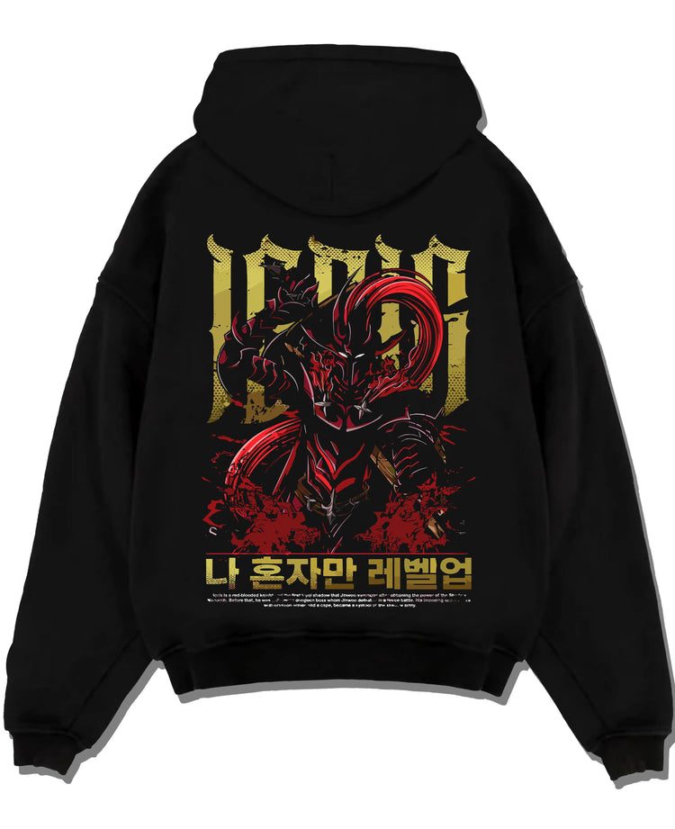 Black pullover hoodie laid flat with Solo Leveling Hoodie Igris Commander Dark Jumper graphic premium wear.