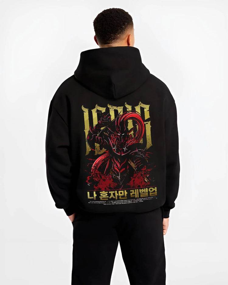 Black hoodie worn by male model, back view with Solo Leveling Hoodie Igris Commander Dark Jumper graphic bold anime graphic.