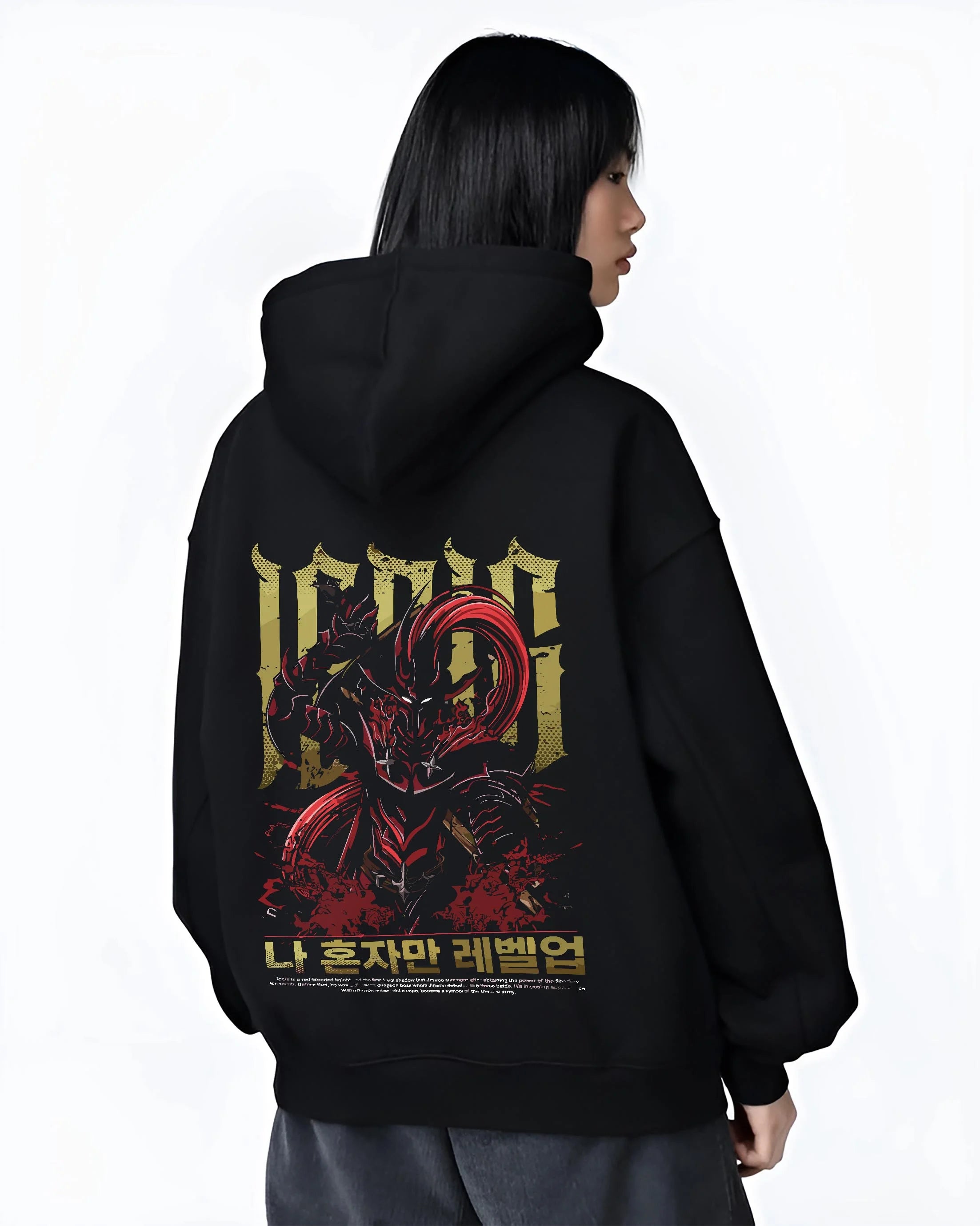Black hoodie worn by female model, back view with Solo Leveling Hoodie Igris Commander Dark Jumper graphic premium wear.