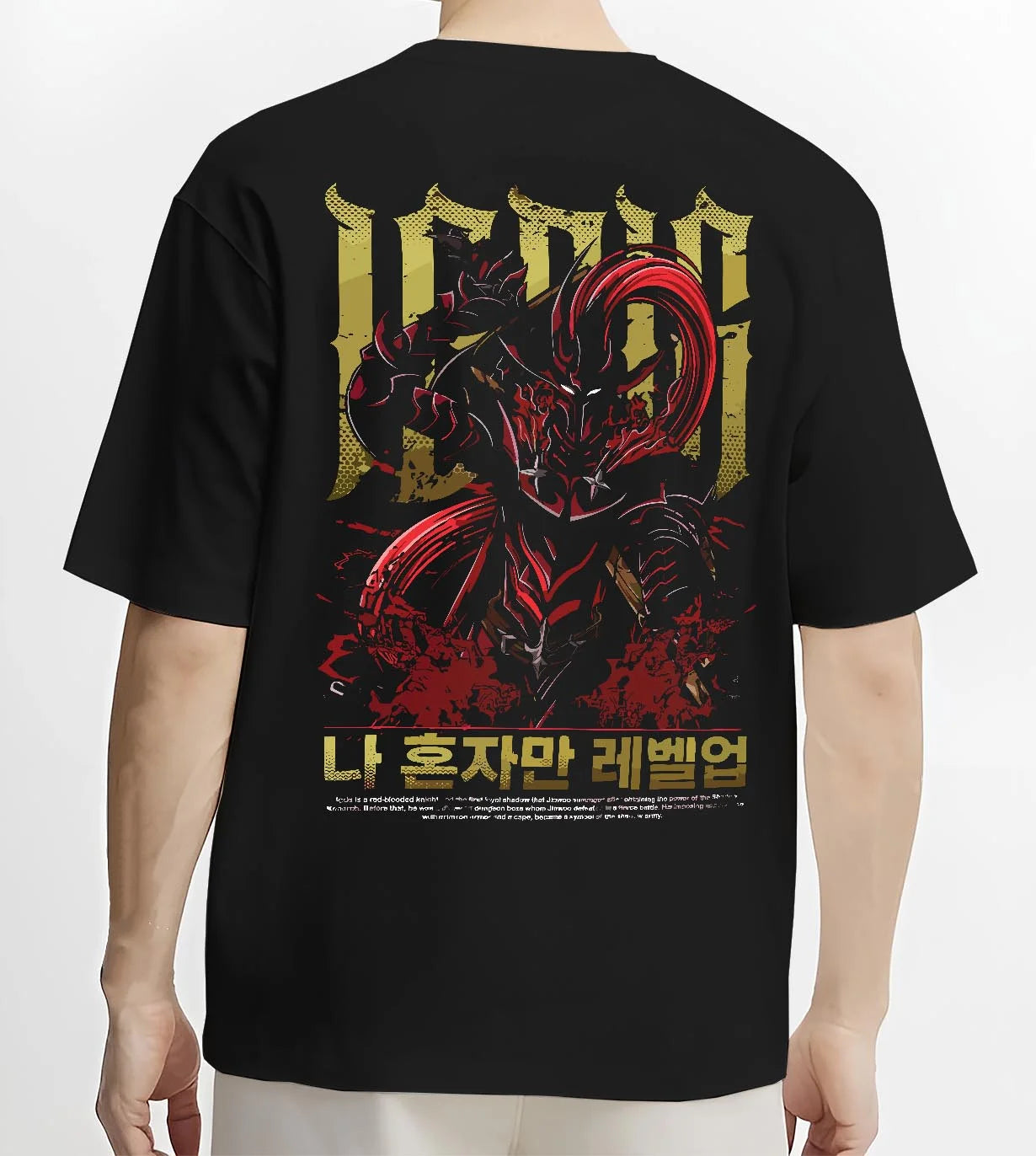 Black T-shirt worn by male model, back view with Solo Leveling Hoodie Igris Commander Dark Jumper graphic streetwear graphic.
