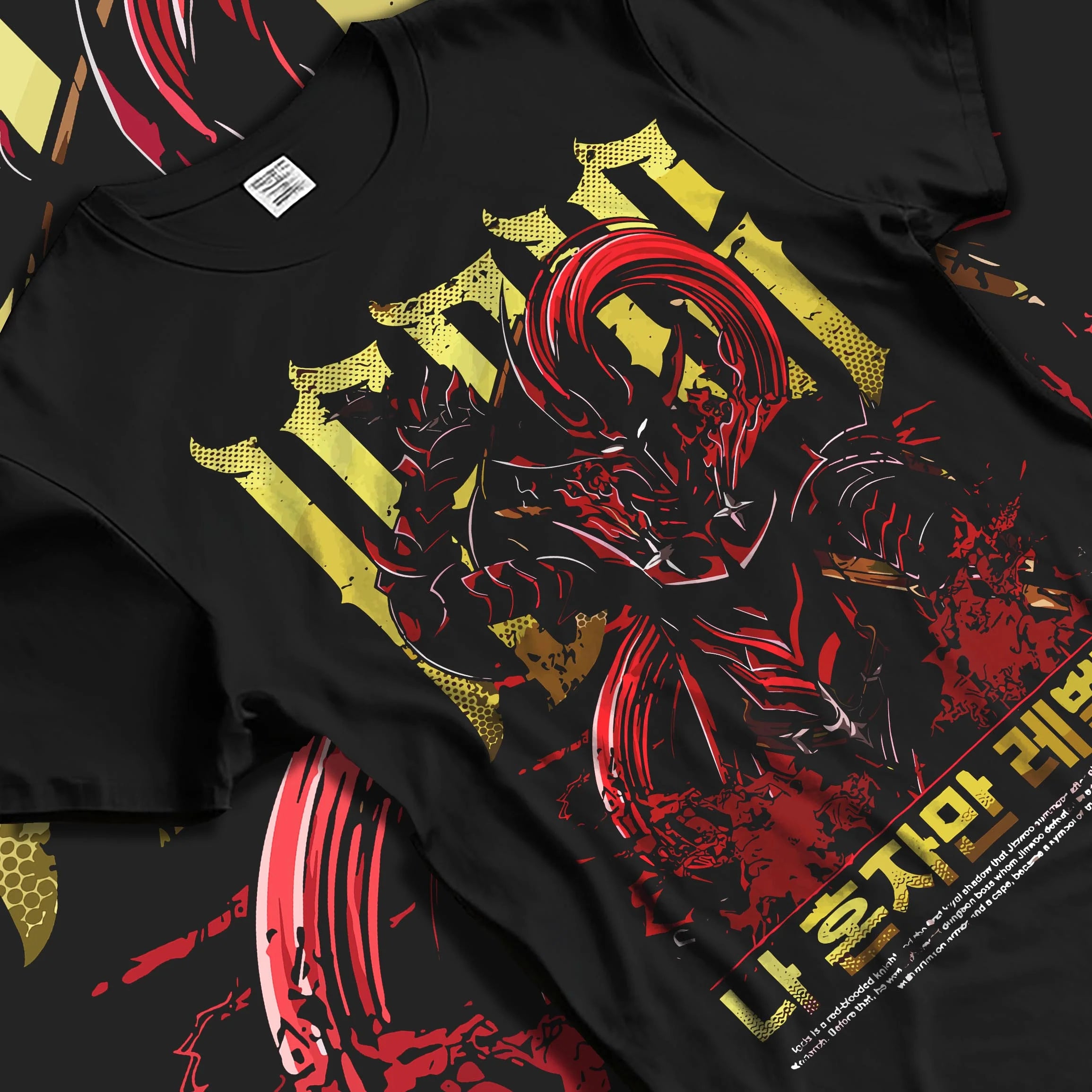 Black T-shirt laid flat with natural folds with Solo Leveling Hoodie Igris Commander Dark Jumper graphic bold anime graphic.
