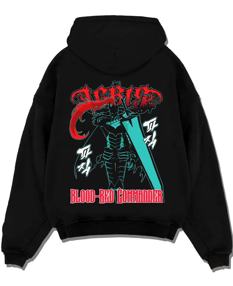 Black pullover hoodie laid flat with Solo Leveling Hoodie Igris Blood Red Jumper graphic bold anime graphic.