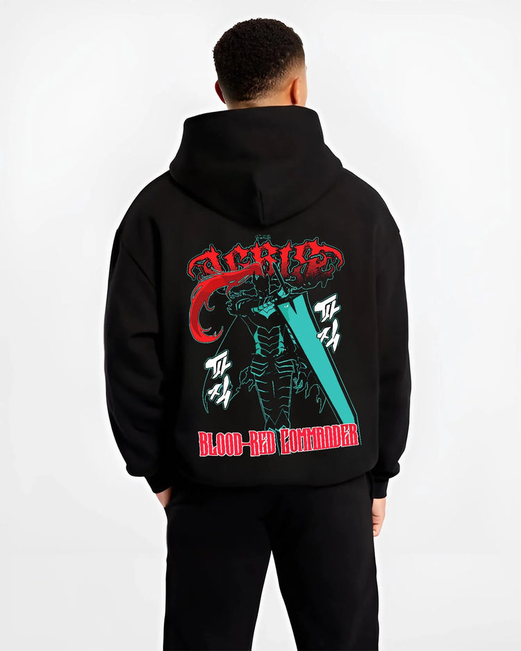 Black hoodie worn by male model, back view with Solo Leveling Hoodie Igris Blood Red Jumper graphic streetwear graphic.