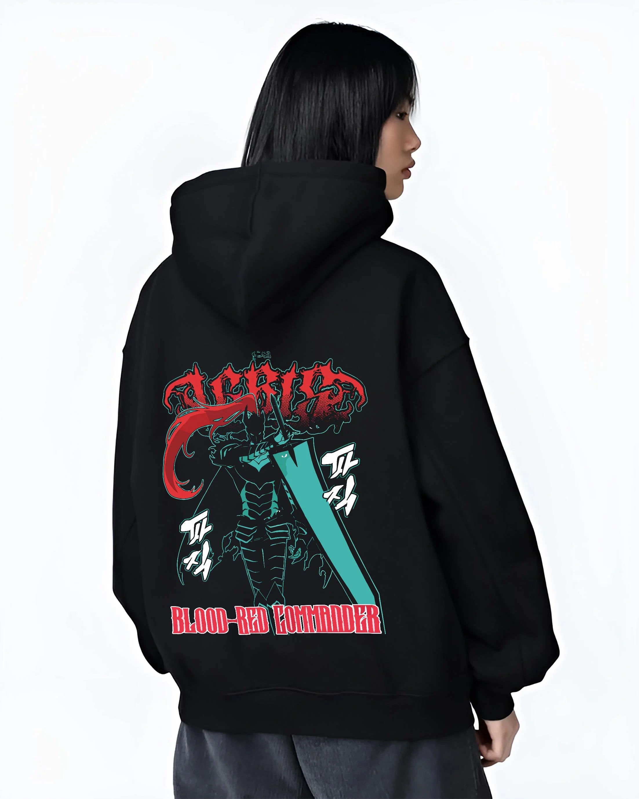Black hoodie worn by female model, back view with Solo Leveling Hoodie Igris Blood Red Jumper graphic premium wear.