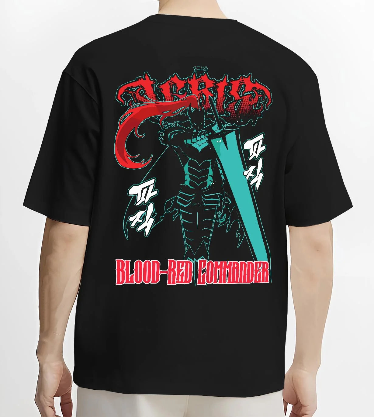 Black T-shirt worn by male model, back view with Solo Leveling Hoodie Igris Blood Red Jumper graphic streetwear graphic.
