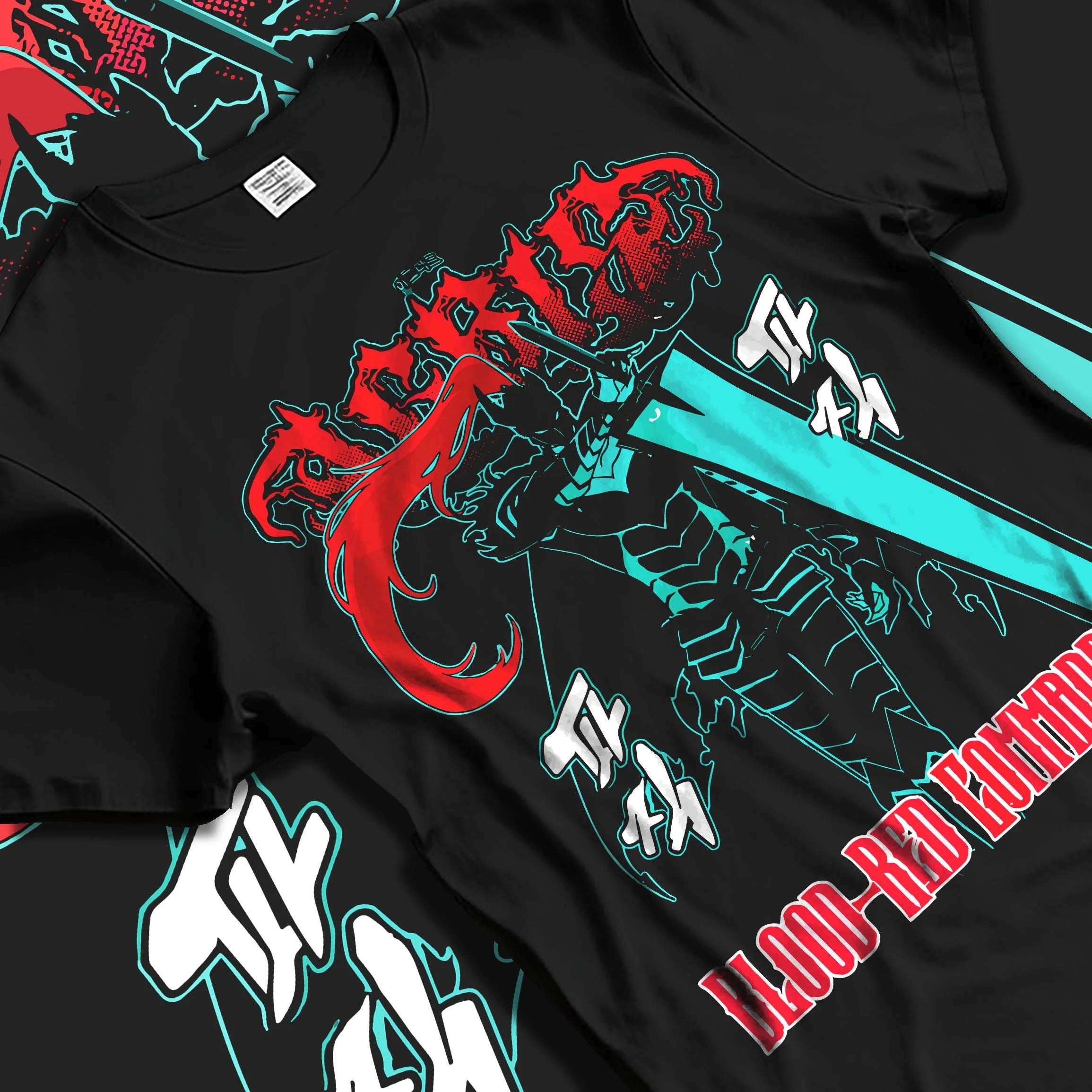 Black T-shirt laid flat with natural folds with Solo Leveling Hoodie Igris Blood Red Jumper graphic bold anime graphic.