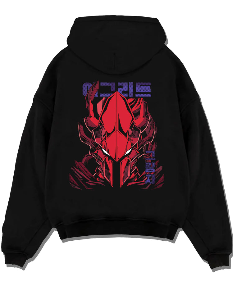 Black pullover hoodie laid flat with Solo Leveling Hoodie Igris Armored Power Jumper graphic streetwear graphic.