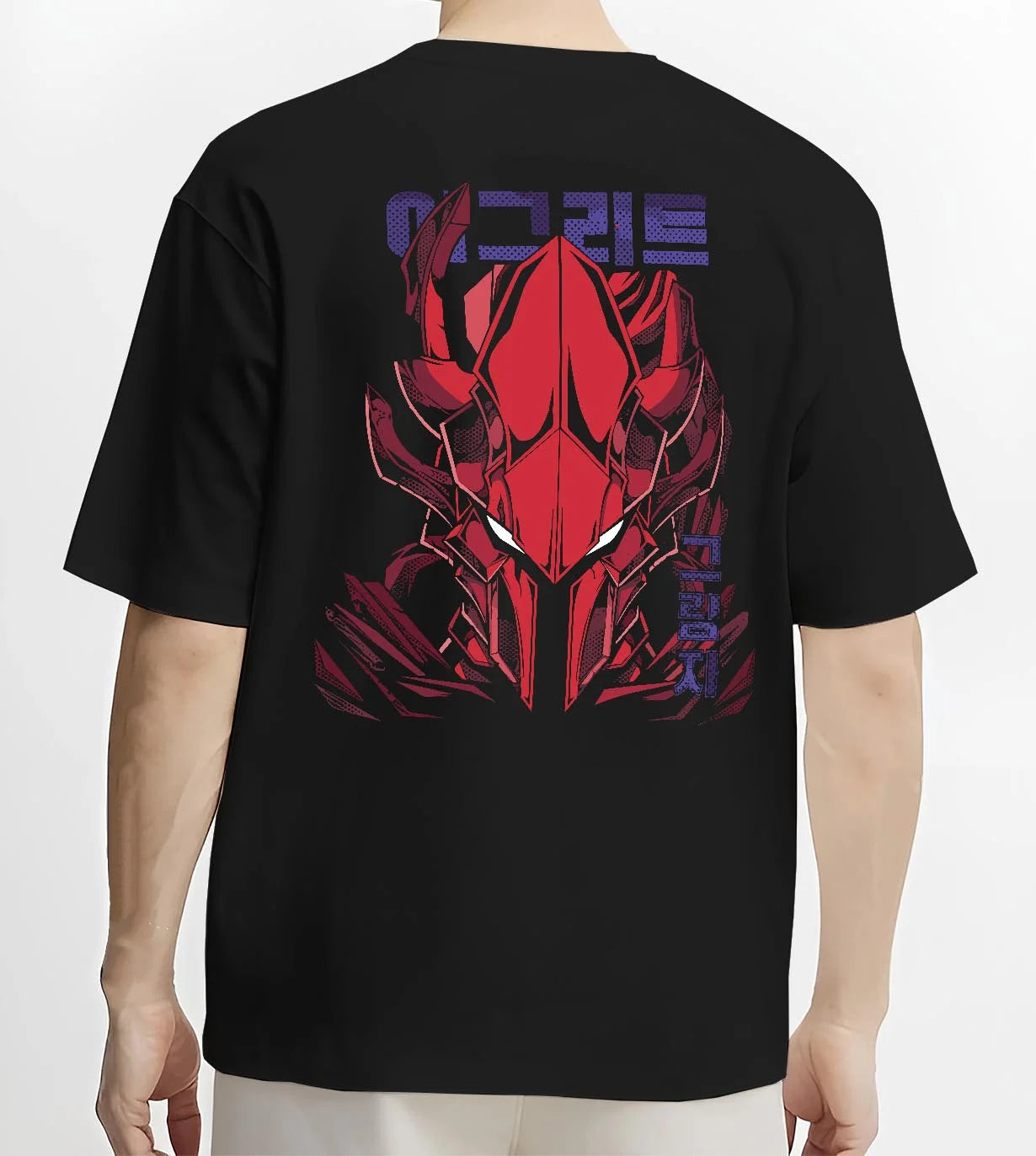 Black T-shirt worn by male model, back view with Solo Leveling Hoodie Igris Armored Power Jumper graphic bold anime graphic.