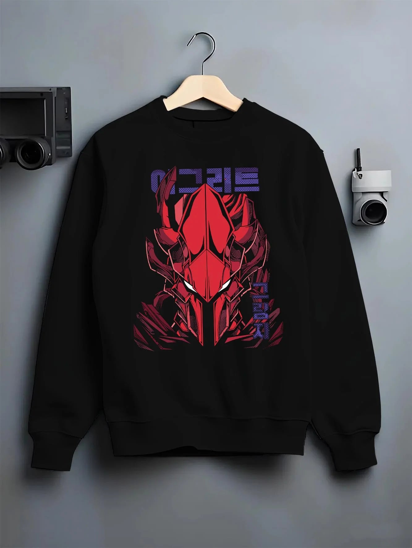 Black crewneck sweatshirt on hanger with Solo Leveling Hoodie Igris Armored Power Jumper graphic streetwear graphic.