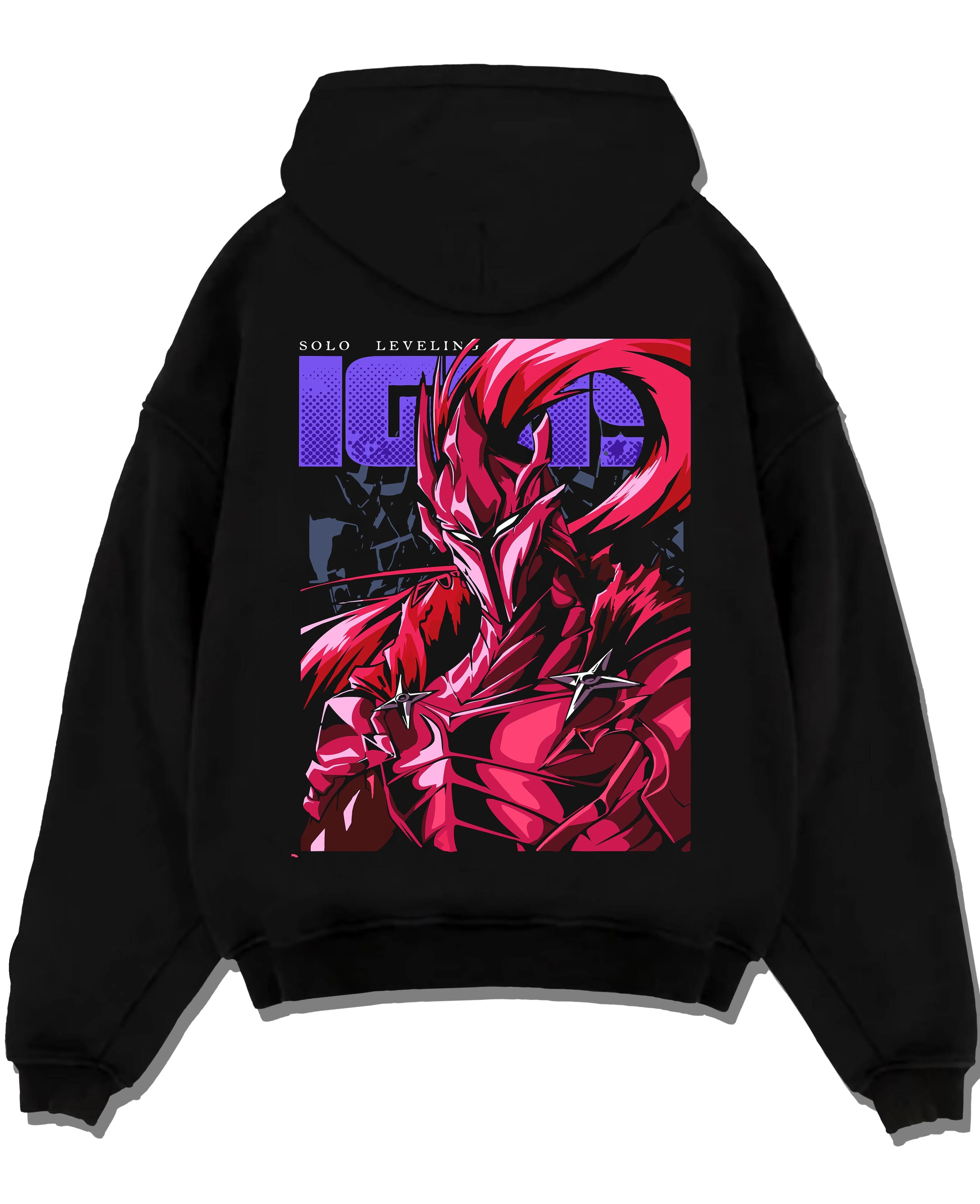 Black pullover hoodie laid flat with Solo Leveling Hoodie Igris Knight Form Jumper graphic bold anime graphic.