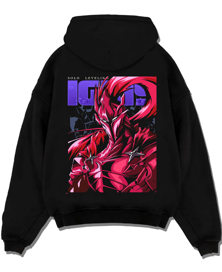 Black pullover hoodie laid flat with Solo Leveling Hoodie Igris Knight Form Jumper graphic bold anime graphic.
