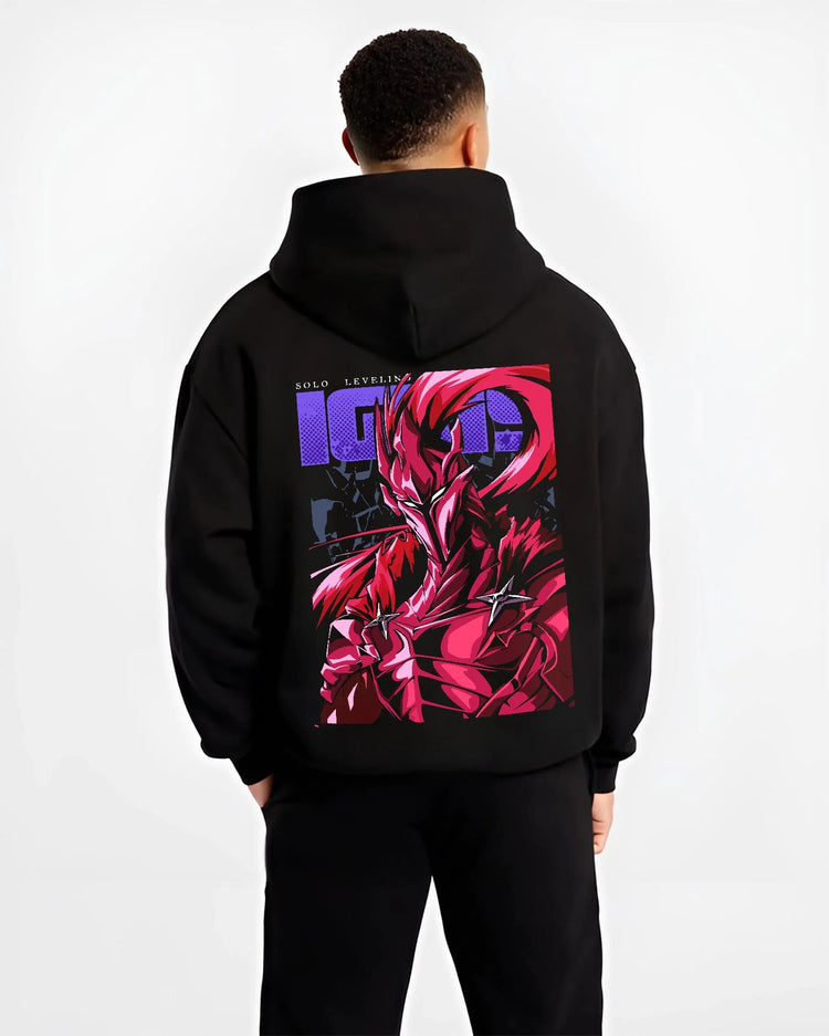 Black hoodie worn by male model, back view with Solo Leveling Hoodie Igris Knight Form Jumper graphic Igris anime design.