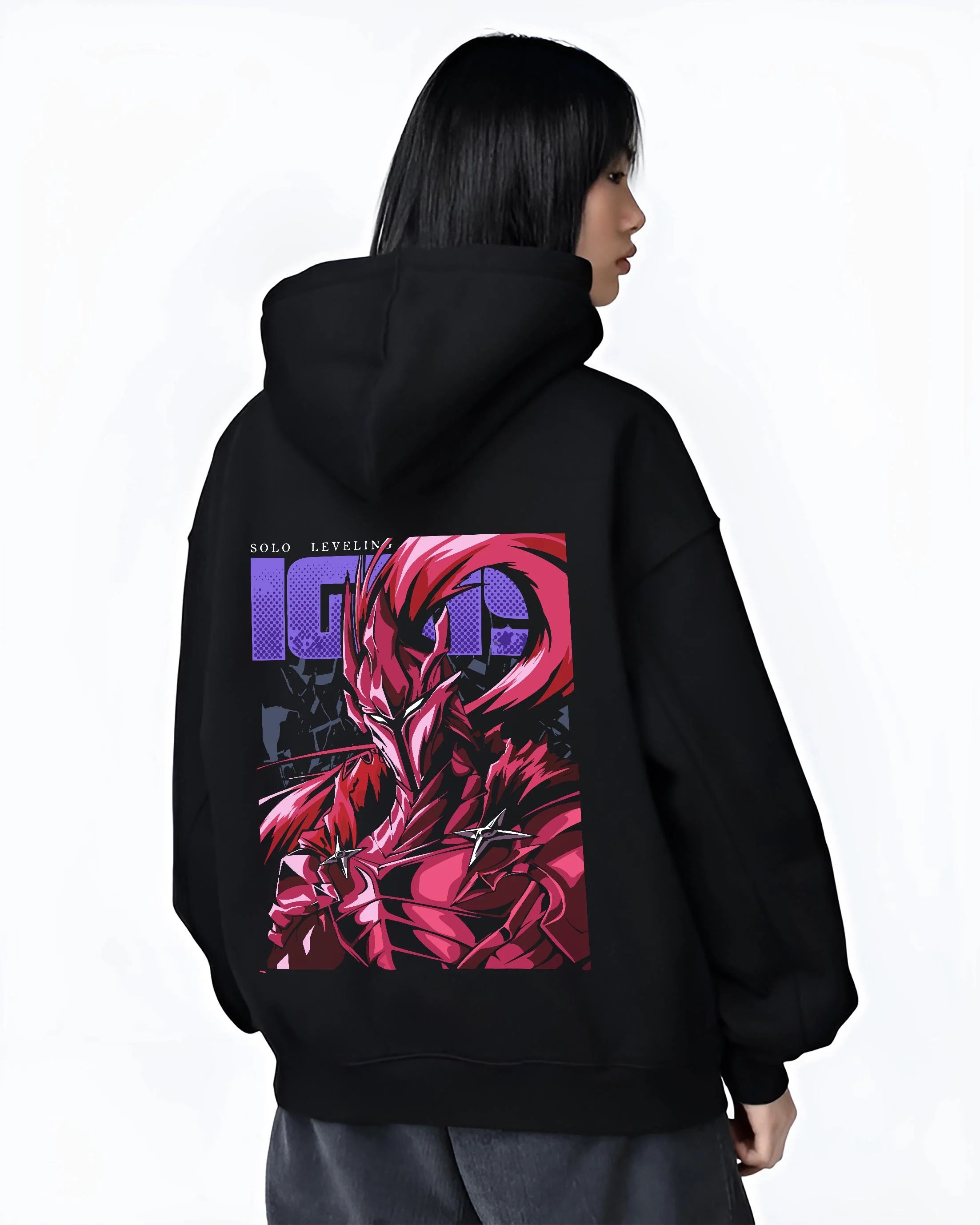 Black hoodie worn by female model, back view with Solo Leveling Hoodie Igris Knight Form Jumper graphic bold anime graphic.