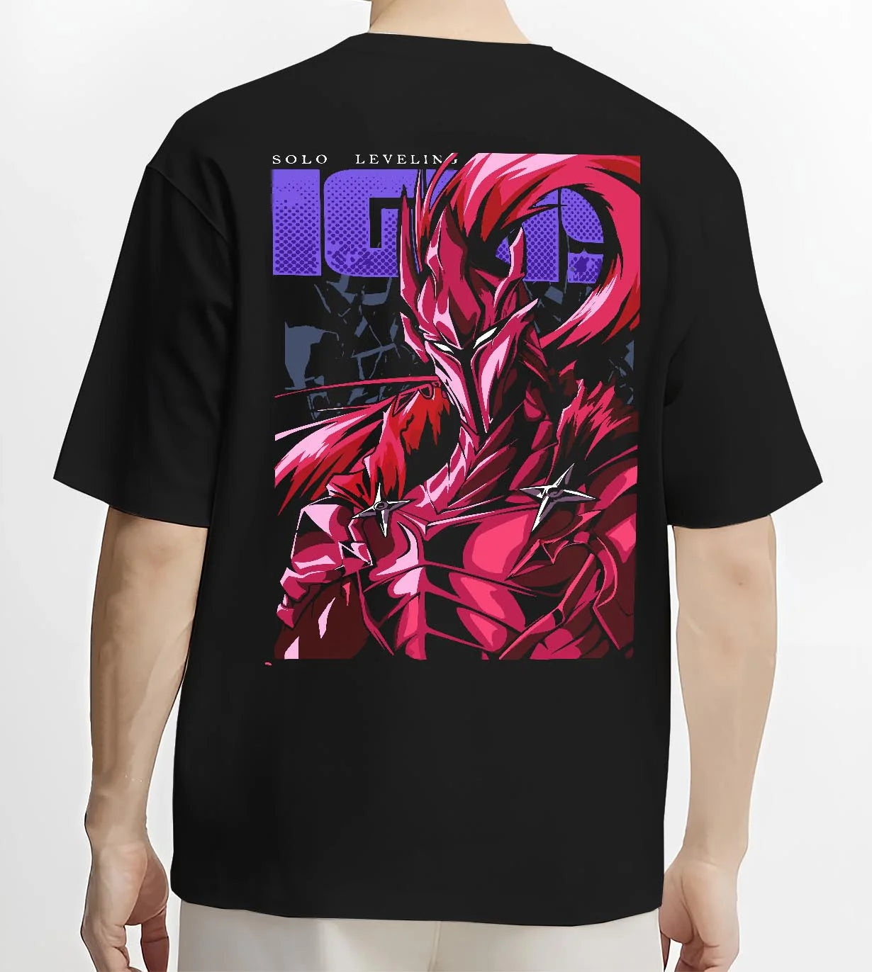 Black T-shirt worn by male model, back view with Solo Leveling Hoodie Igris Knight Form Jumper graphic Igris anime design.