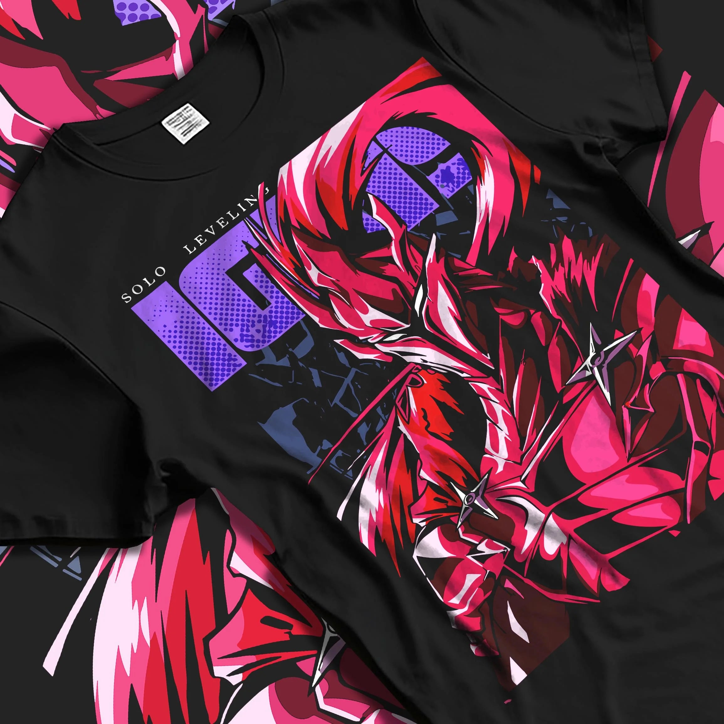 Black T-shirt laid flat with natural folds with Solo Leveling Hoodie Igris Knight Form Jumper graphic Igris anime design.