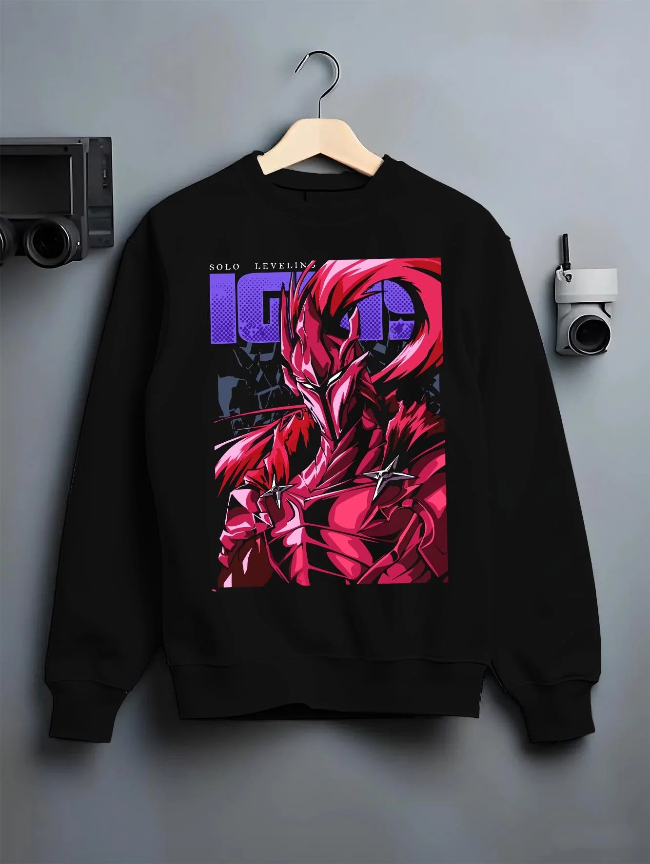Black crewneck sweatshirt on hanger with Solo Leveling Hoodie Igris Knight Form Jumper graphic premium wear.