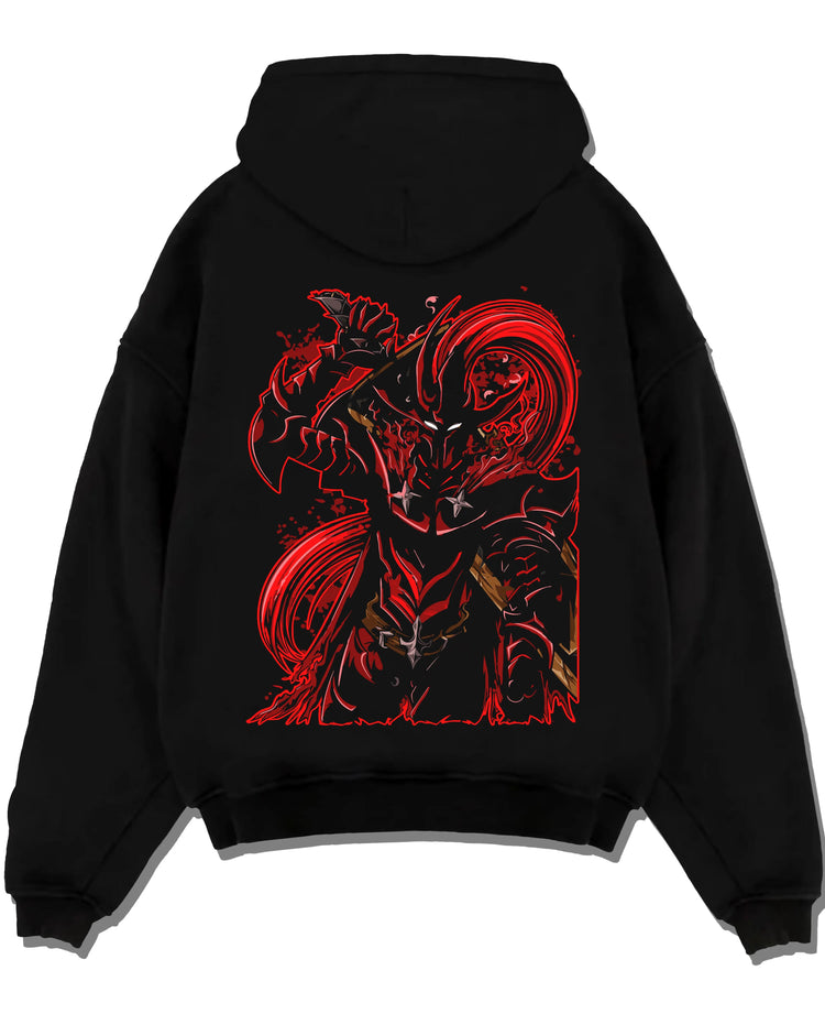 Black pullover hoodie laid flat with Solo Leveling Hoodie Igris Dark Commander Jumper graphic bold anime graphic.