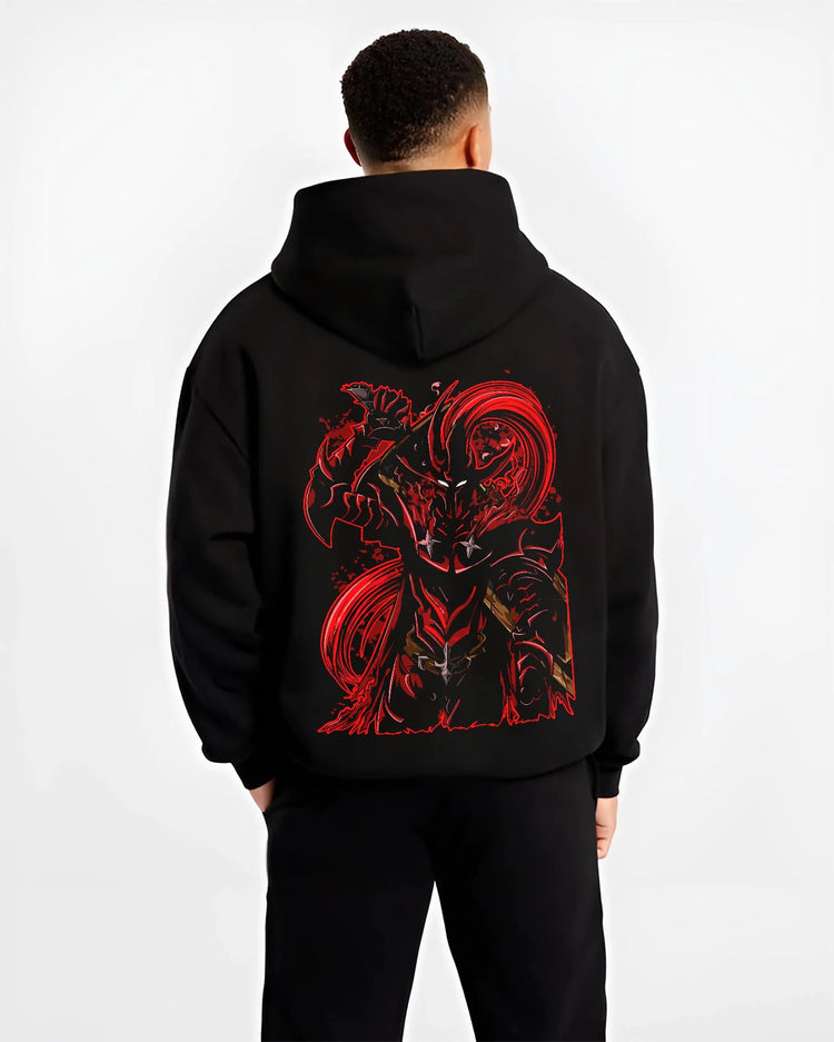 Black hoodie worn by male model, back view with Solo Leveling Hoodie Igris Dark Commander Jumper graphic bold anime graphic.