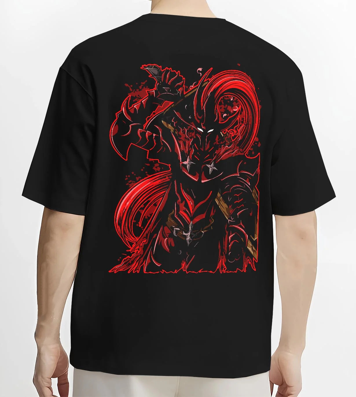 Black T-shirt worn by male model, back view with Solo Leveling Hoodie Igris Dark Commander Jumper graphic streetwear graphic.